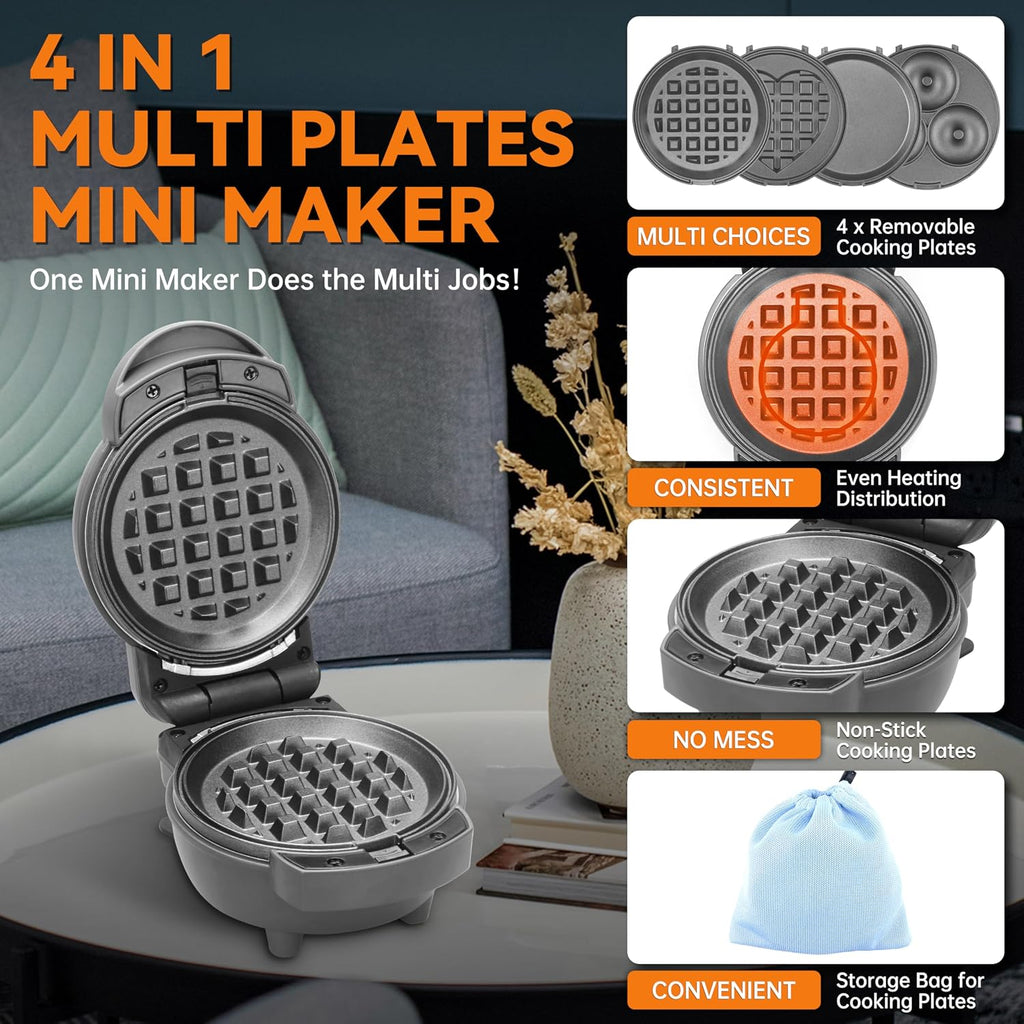 4 in 1 Mini Waffle Maker with Removable Plates, A Set of Mini Pancake Maker, Mini Donut Maker, Mini Heart Shape