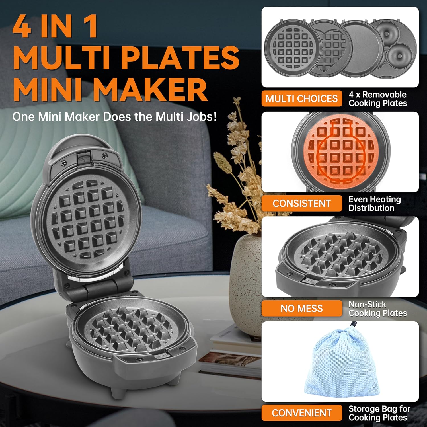 4 in 1 Mini Waffle Maker with Removable Plates, A Set of Mini Pancake Maker, Mini Donut Maker, Mini Heart Shape