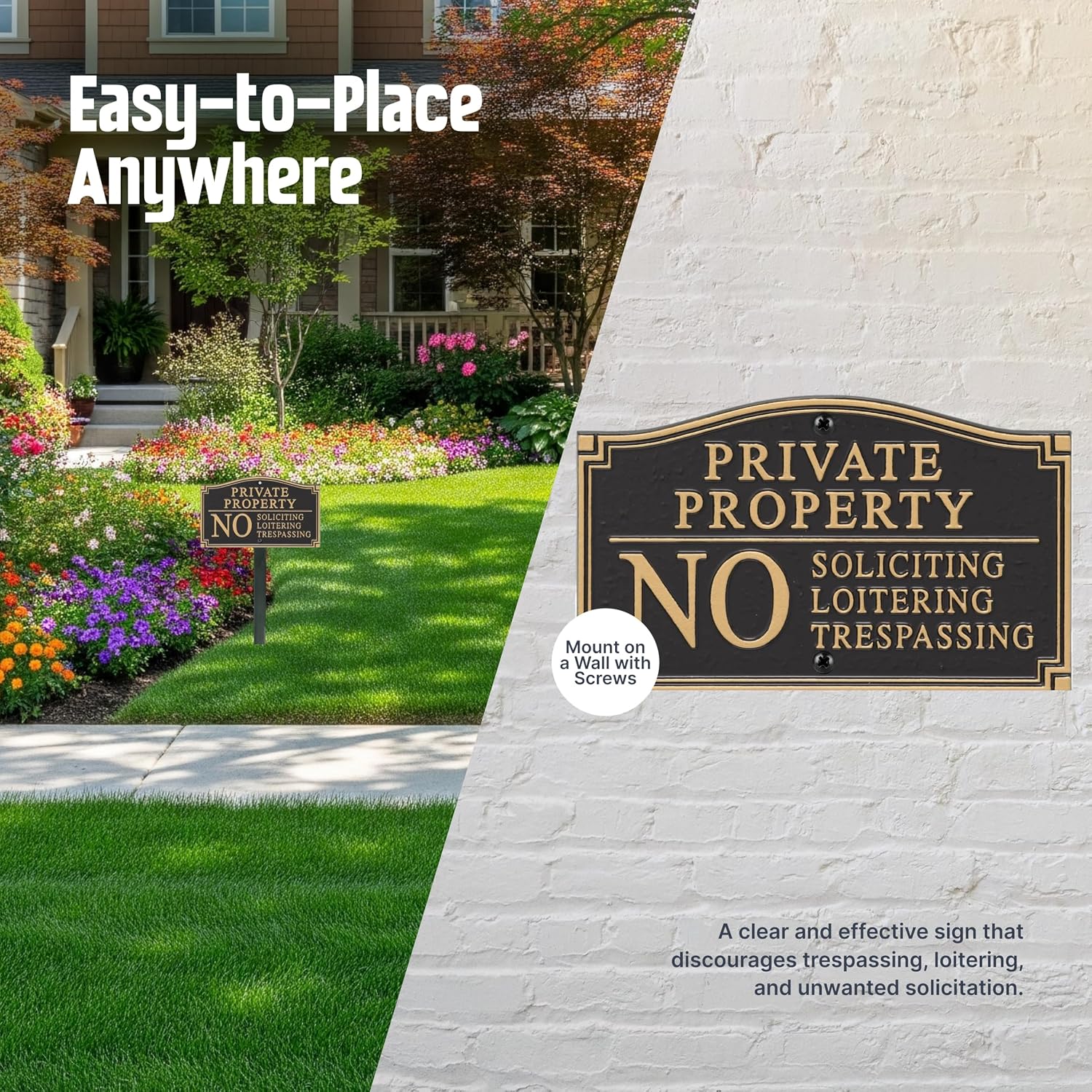 Private Property Sign for Yard, No Soliciting Loitering Trespassing Garden Plaque | 5.75" x 9.5" Aluminum Plaque with