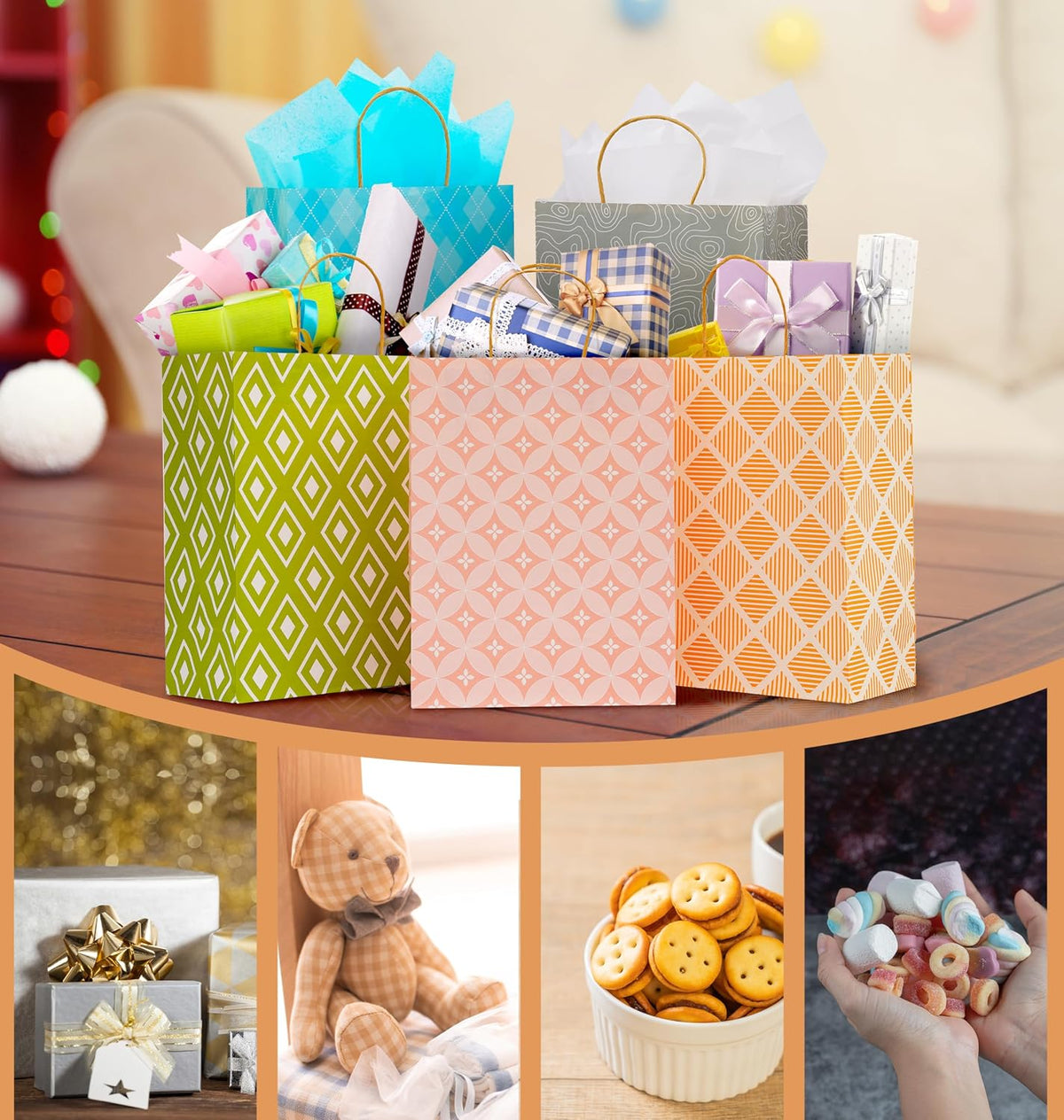 12 Pack 13" Kraft Paper Large Gift Bags with Tissue Paper