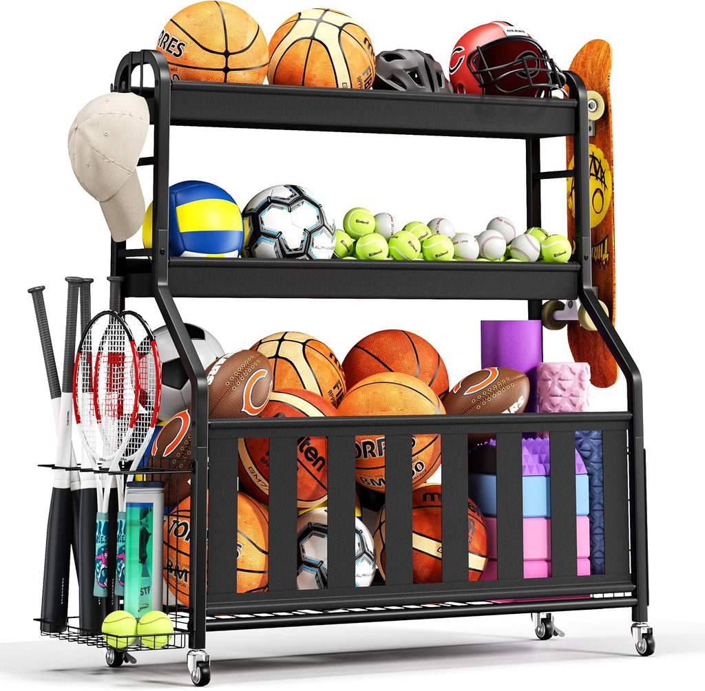 Sports Equipment Organizer, Large Capacity Garage Ball Storage Rack | Heavy-Duty Rolling Ball Cart with Locking