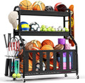 Sports Equipment Organizer, Large Capacity Garage Ball Storage Rack | Heavy-Duty Rolling Ball Cart with Locking