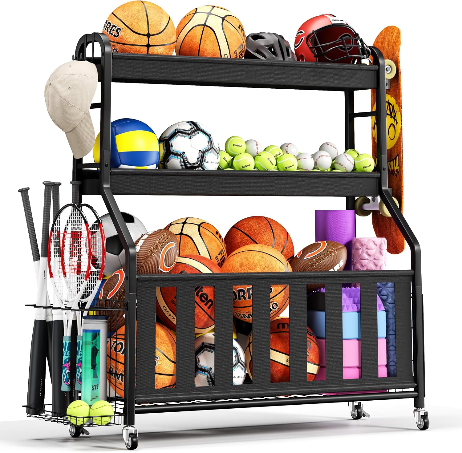 Sports Equipment Organizer, Large Capacity Garage Ball Storage Rack | Heavy-Duty Rolling Ball Cart with Locking