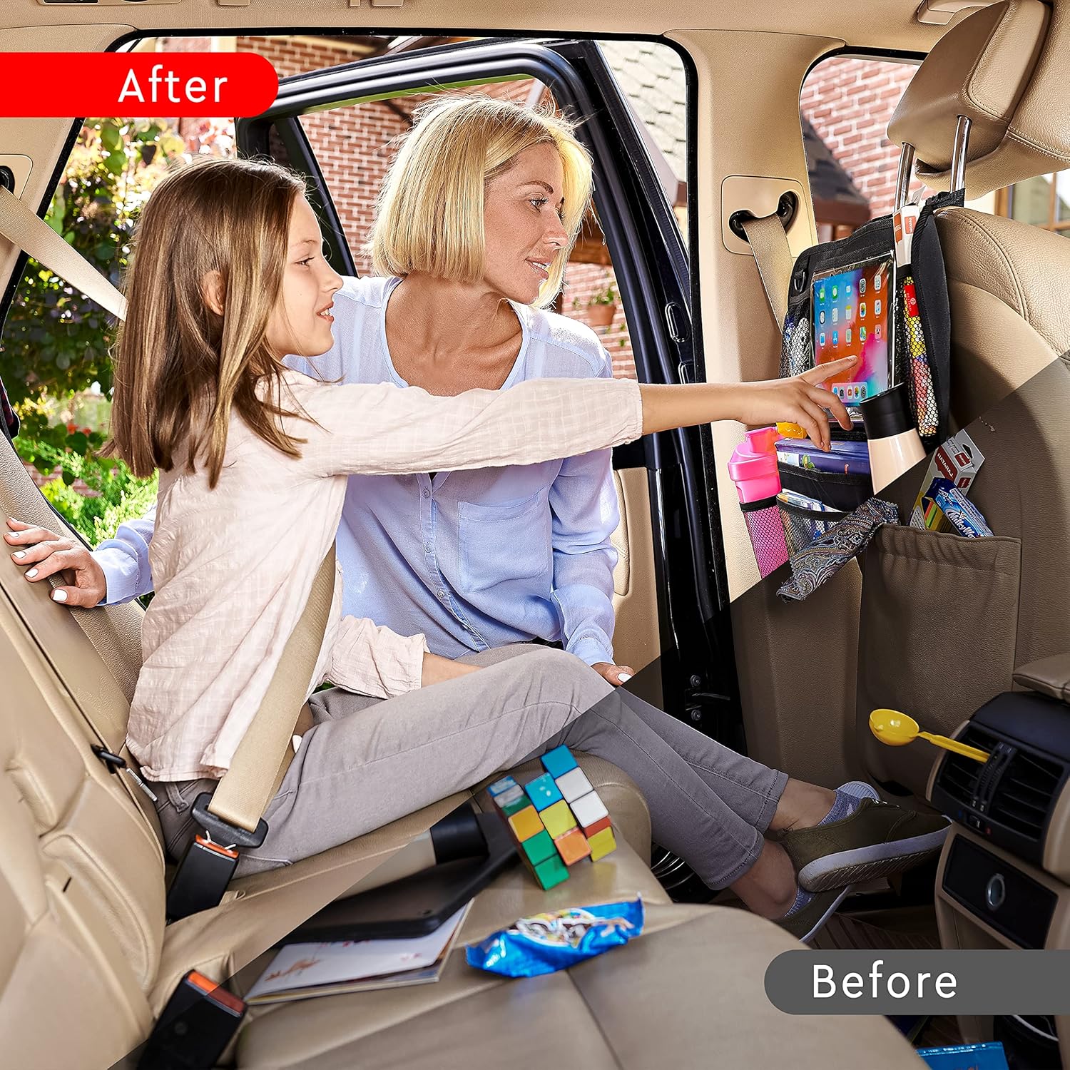 Backseat Car Organizer, Kick Mats Back Seat Protector with Touch Screen Tablet Holder, Back Seat Organizer for Kids
