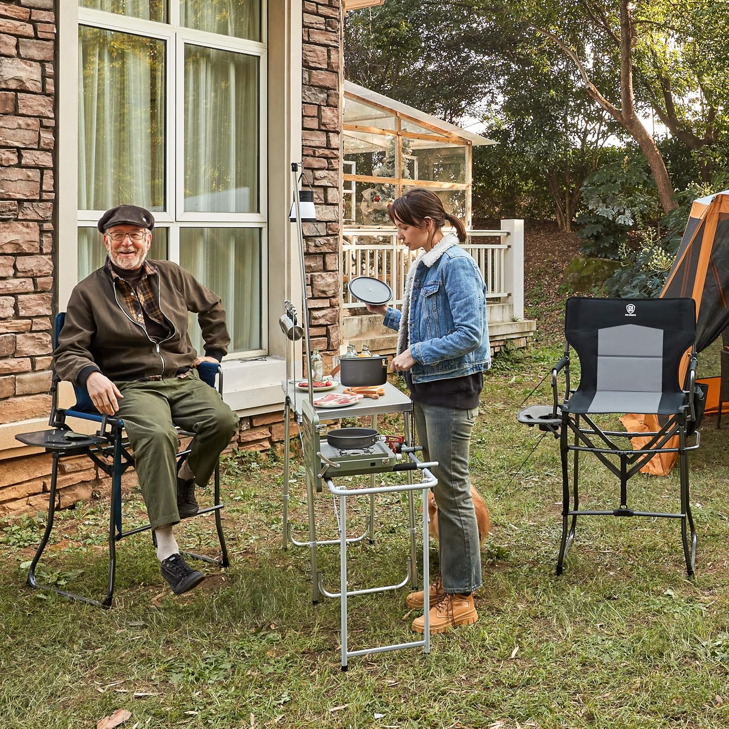 Portable 30.7" Seat Height Tall Folding Camping Chair Directors Chair High Foldable Bar Stool with Side Table for