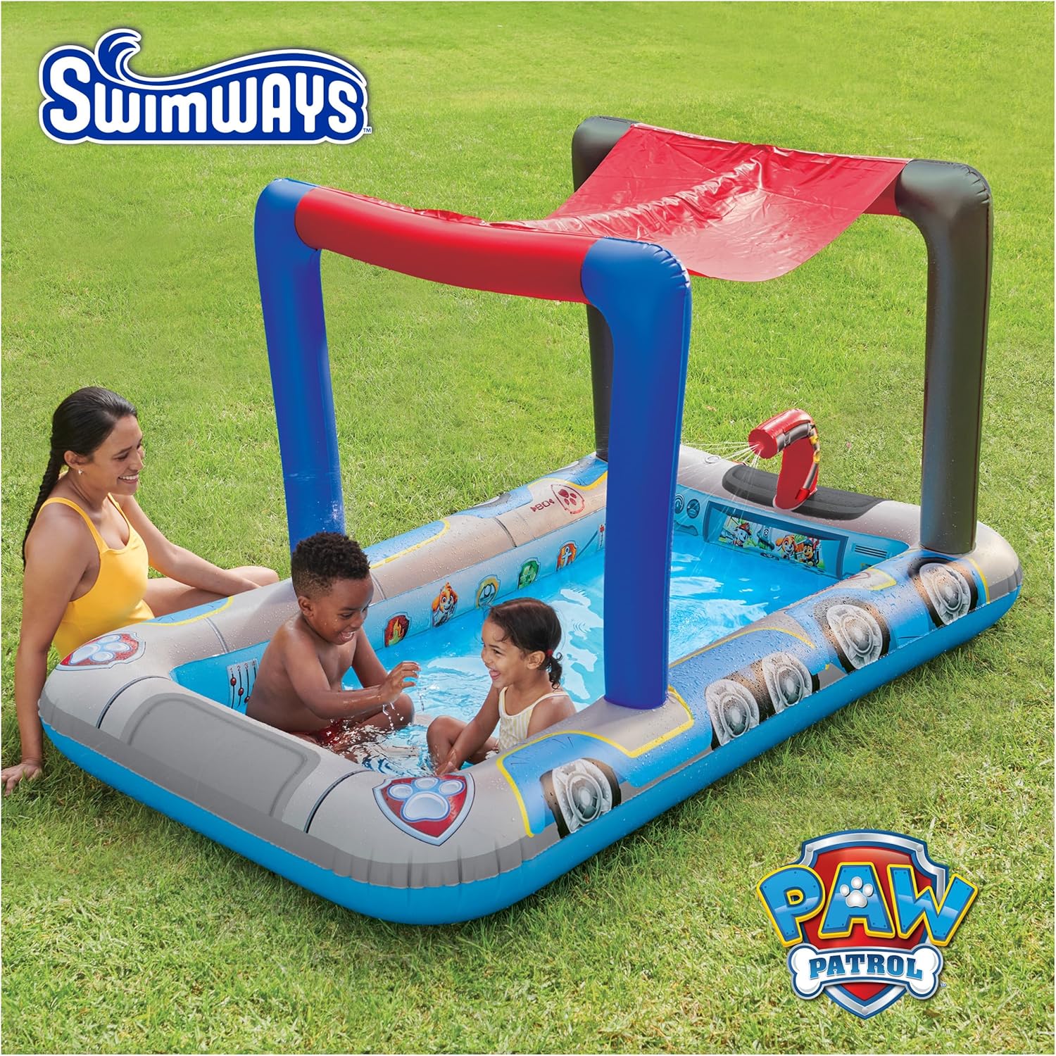 Paw Patrol Deluxe Inflatable Pool, Above Ground Pool with Canopy and Fast Inflation for Kids Aged 3 & Up