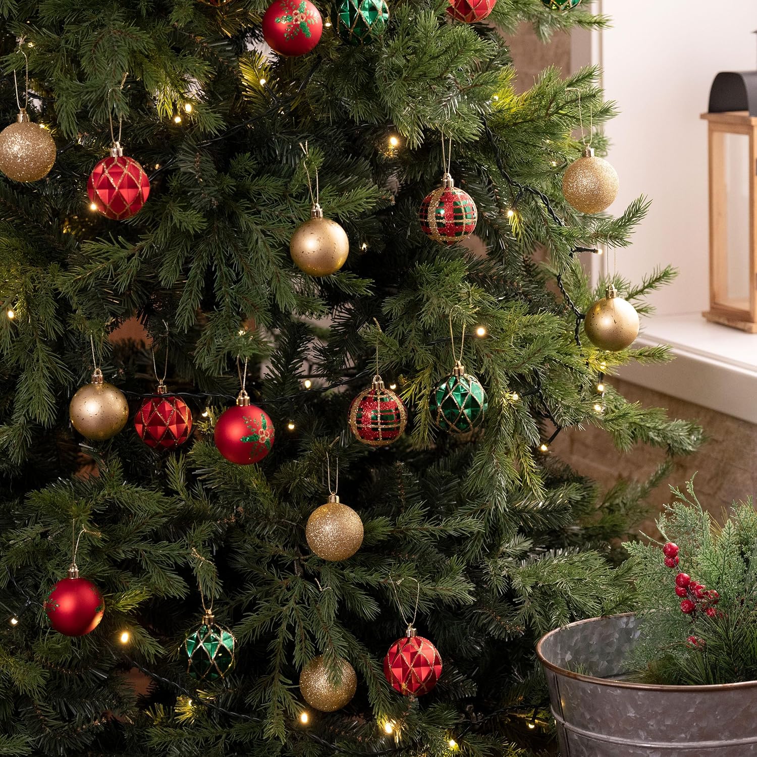 Christmas Ornaments Set, 30ct 2.36 Inches Red Green and Gold Shatterproof Christmas Tree Decorations Ball Ornaments