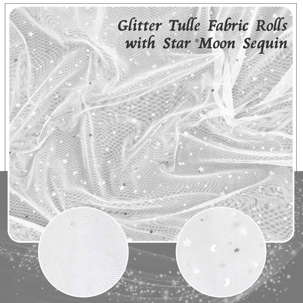 1 Yard Glitter Tulle, Star Moon Sequin, 54" Wide White