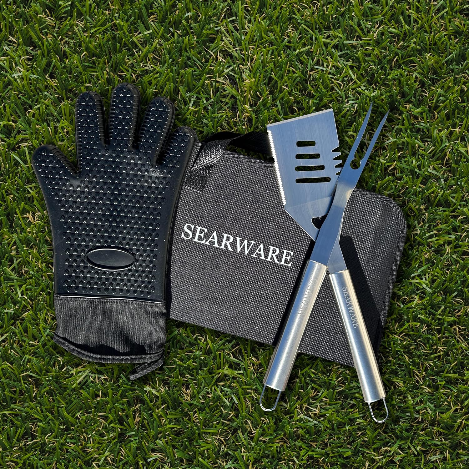 Barbecue Grill Tool Set - Stainless Steel - Strong Durable Design - Heat Resistant Glove & Bristle Free Grill Brush