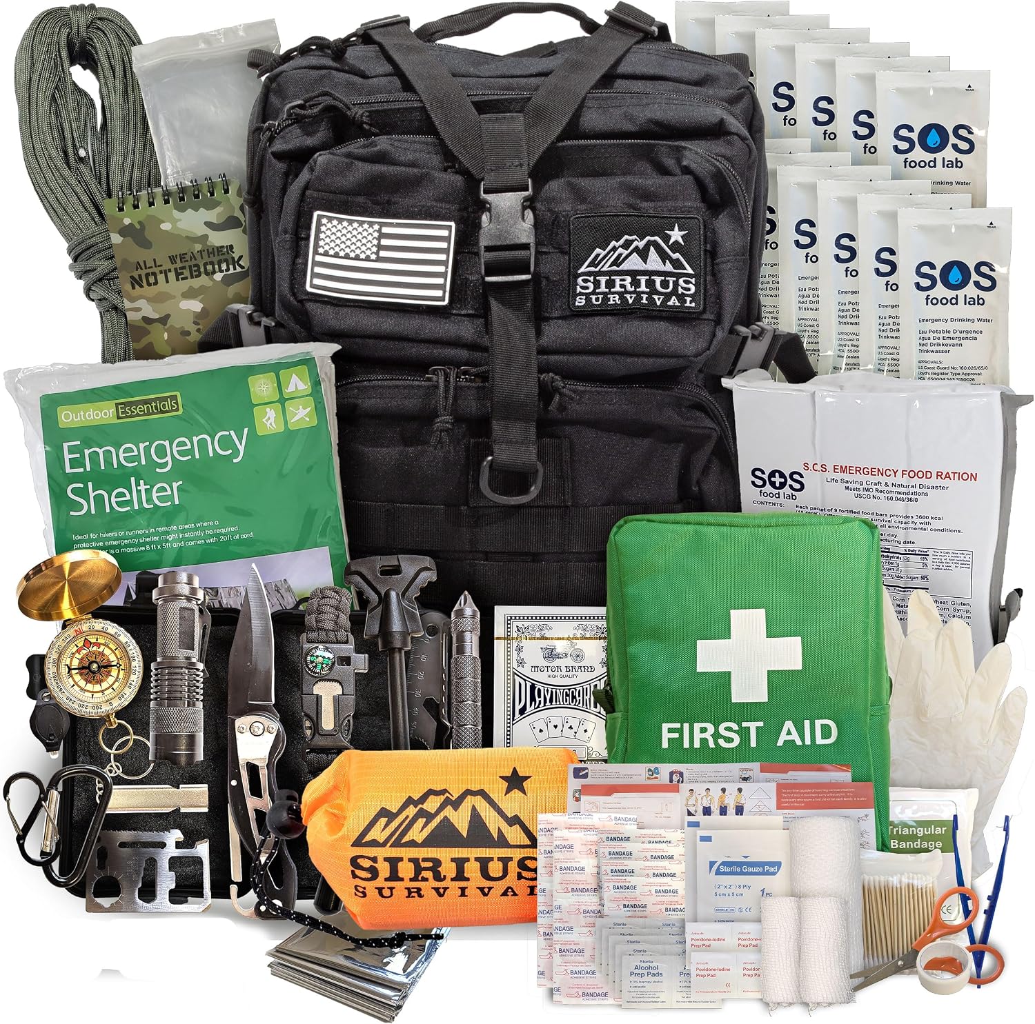 Sirius: Bug Out Bag Starter Kit - 72 Hour Kit for 1 Person – Backpack Survival Kit – 50L Tactical Backpack, US Made