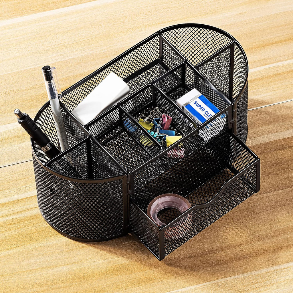 Mesh Desk Organizer with Pen Holder, Pullout Drawer and Office Caddy Storage, 9.25" x 4.53" x 3.94", Black