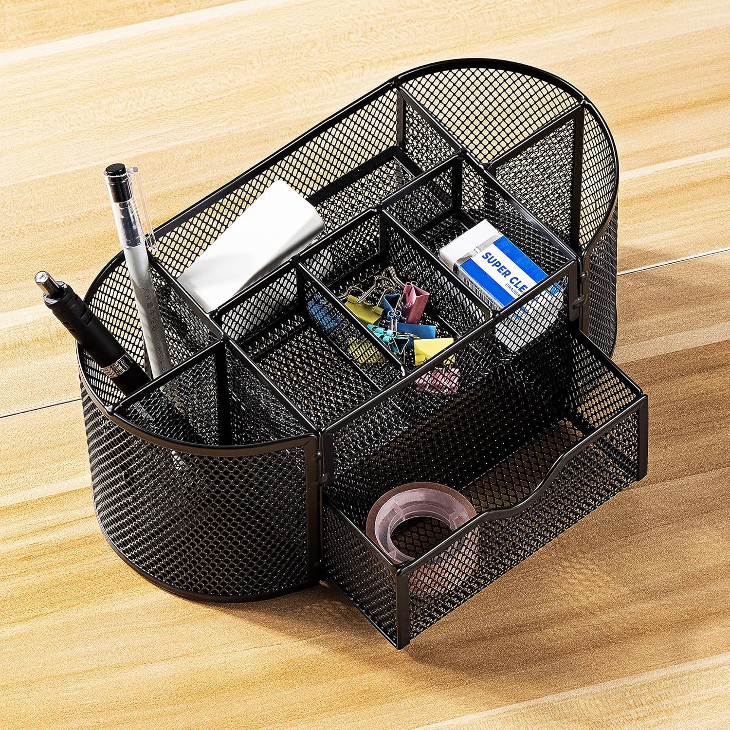 Mesh Desk Organizer with Pen Holder, Pullout Drawer and Office Caddy Storage, 9.25" x 4.53" x 3.94", Black