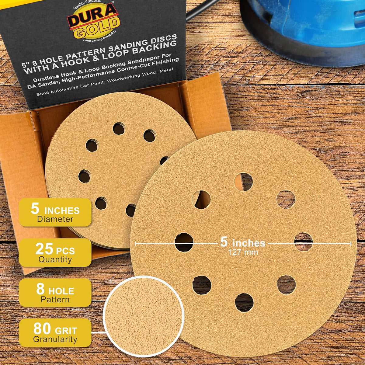 Dura-Gold 5" Gold Sanding Discs, 80 Grit, Box of 50, 8 Hole Pattern, H & L