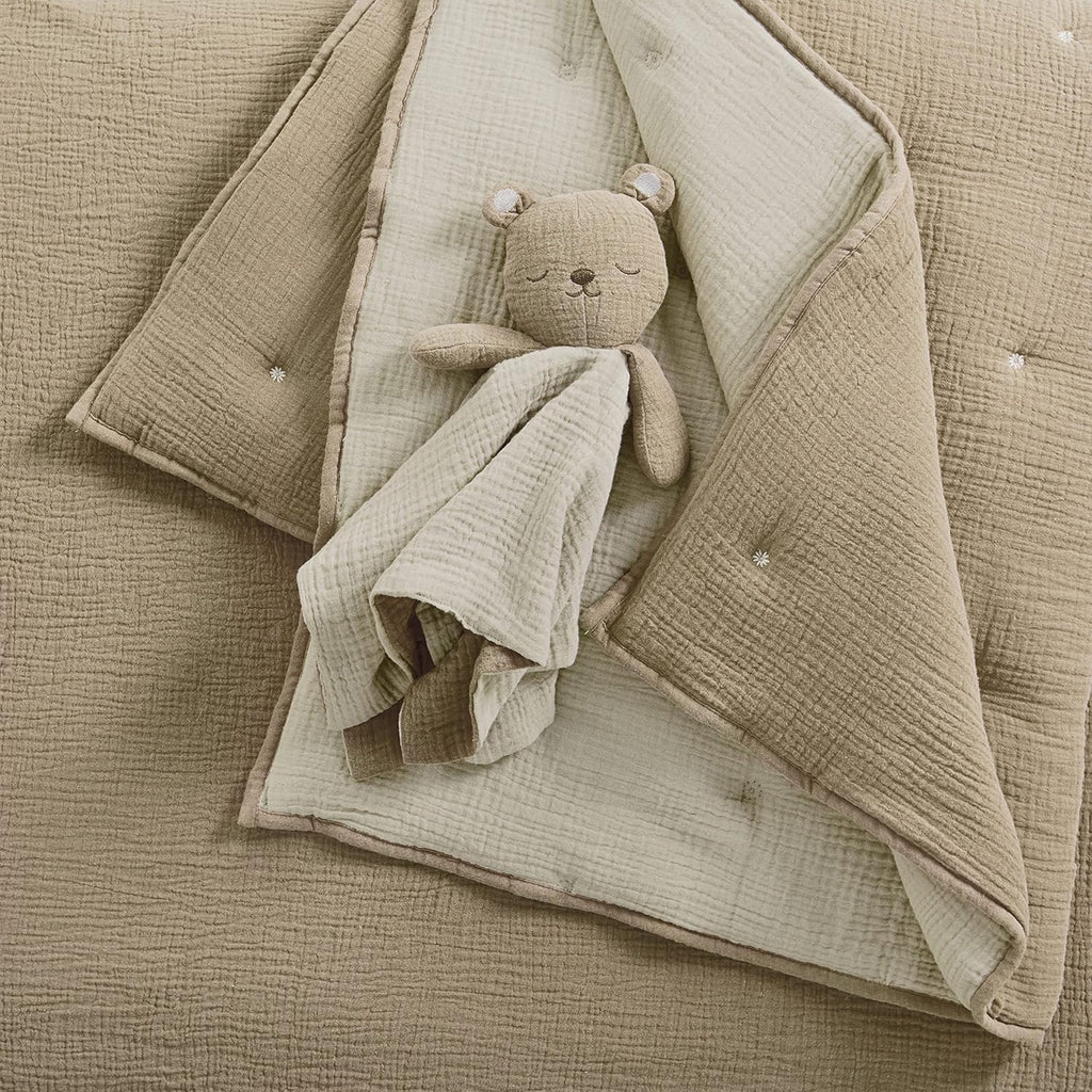 Cloud Muslin Crib Bed Set - Baby Nursery Set - Cacao and Beige Stars - Grey Textured Muslin - 5 Piece Set Includes