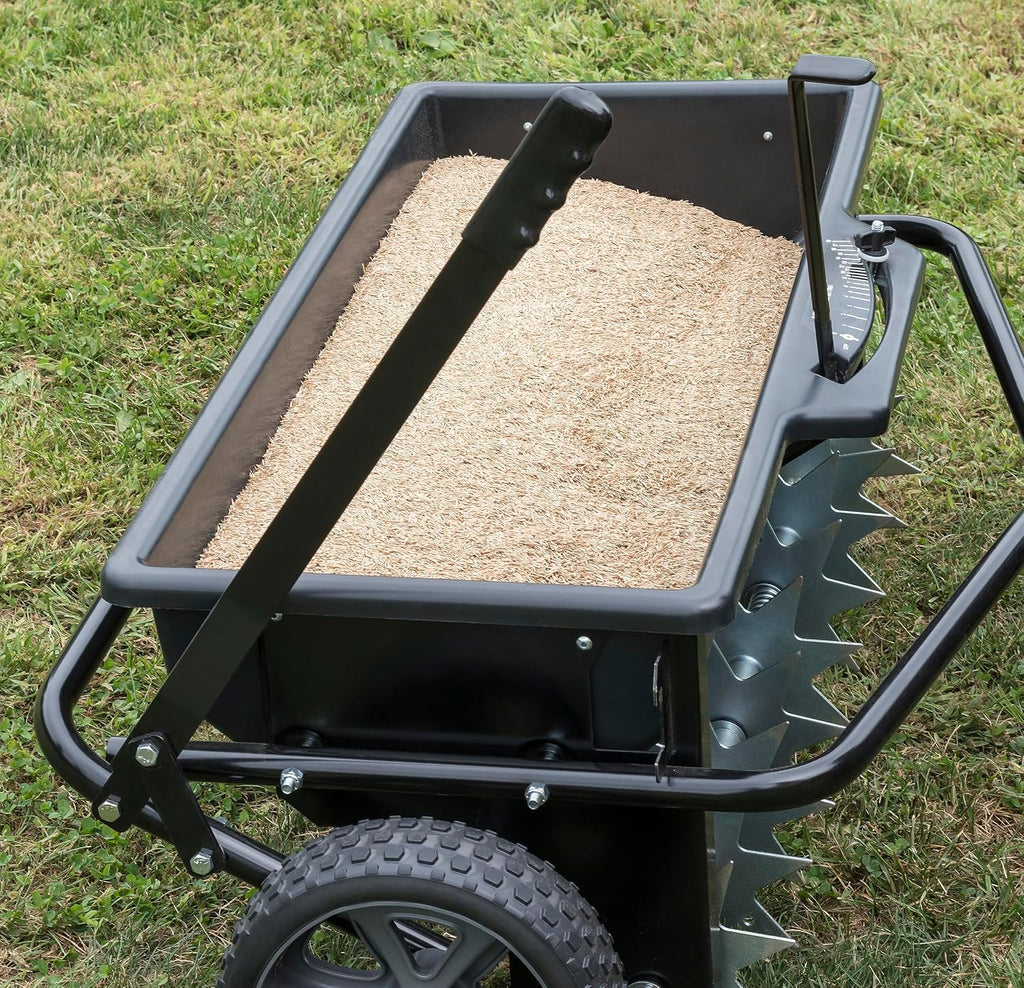 Tow Behind Spiker Seeder Drop Spreader for Seed, Fertilizer, Salt and Ice Melt, 100 lb Capacity with 32 In Working Width