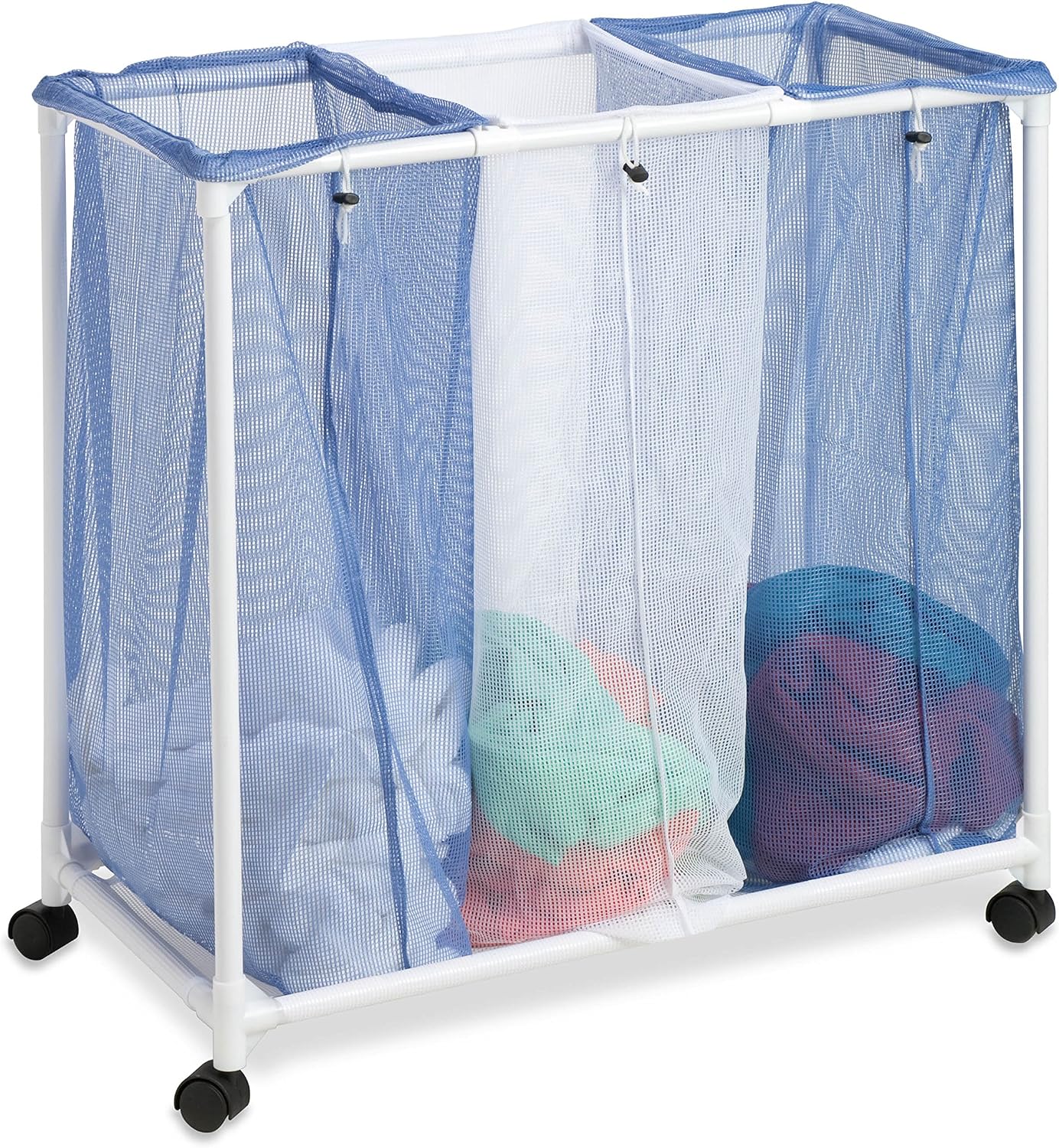 HMP-01629 3 bag mesh laundry sorter, 30.5" x 15.3" x 30" , Blue/White
