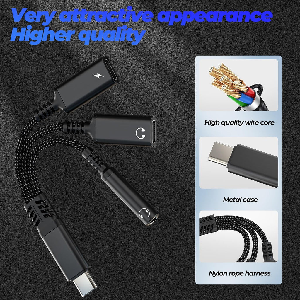 Aux to USB C Adapter (3 in 1) Headphone for iPhone 17 16 15 Audio 3.5mm Jack Splitter Cable Type C for Apple Charger