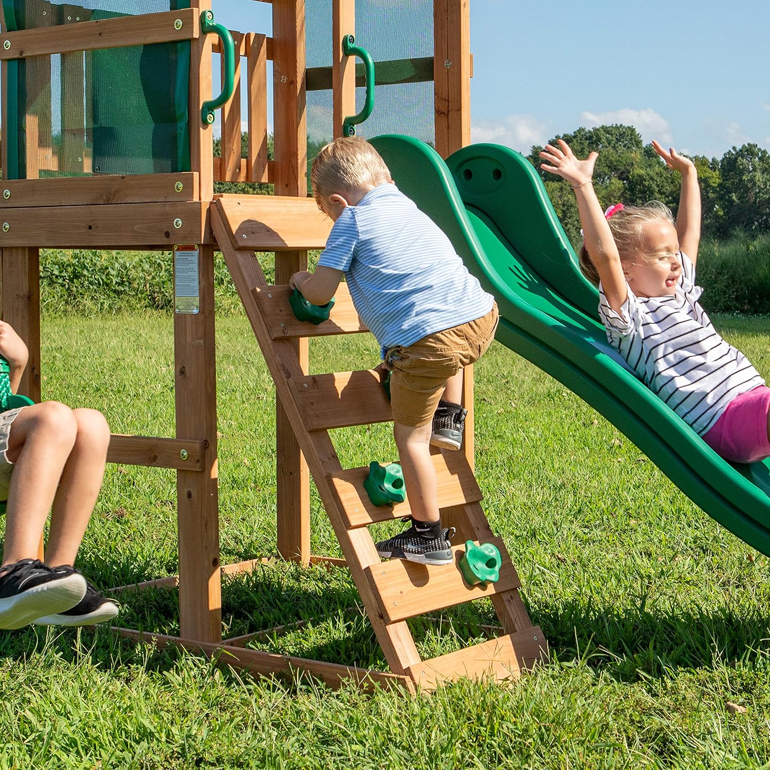 Buckley Hill Cedar Wood Swing Set with Wave Slide, Play Deck, Rock Wall Ladder, Belt Swings, Chalkboard, Canopy Roof