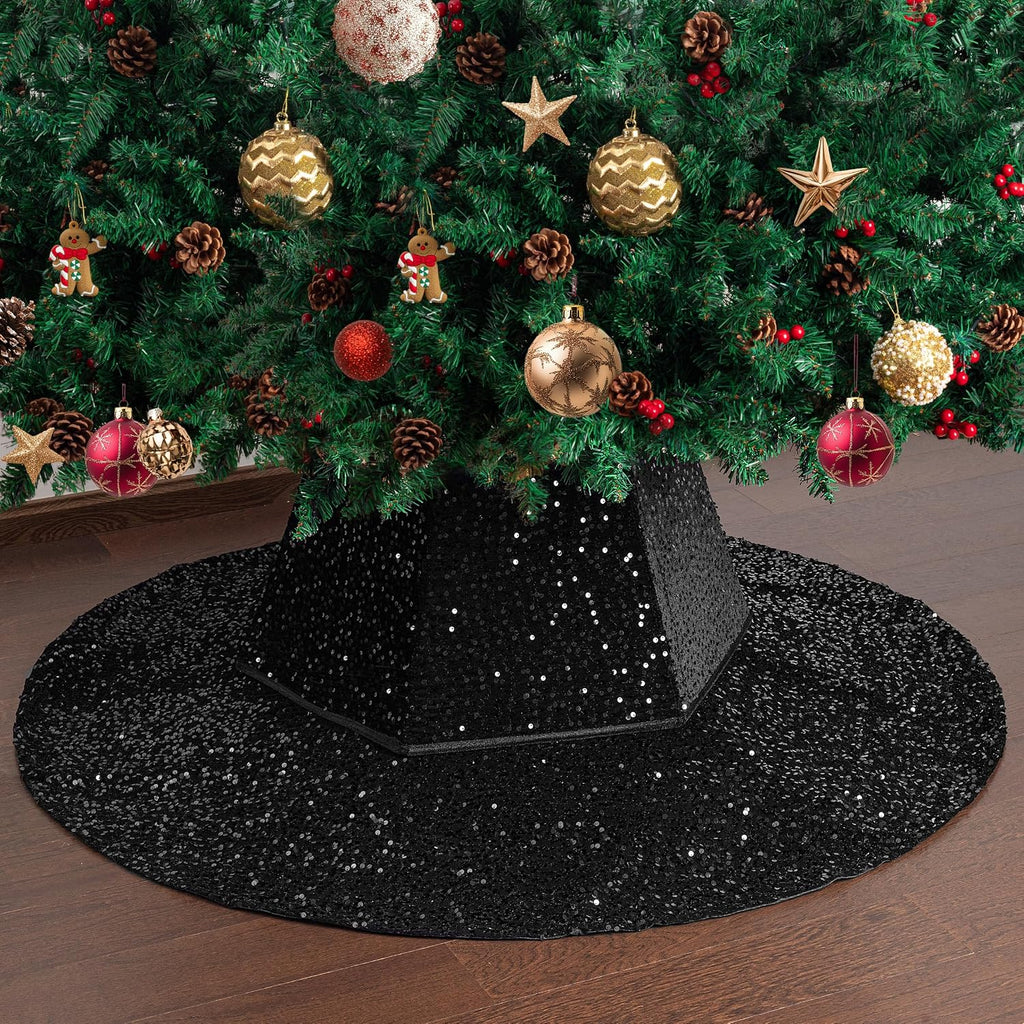 Sequin Christmas Tree Skirt and Tree Collar | 36 Inch Sparkly Base Cover, 24.8 Inch Foldable Sparkling Sequin Trees
