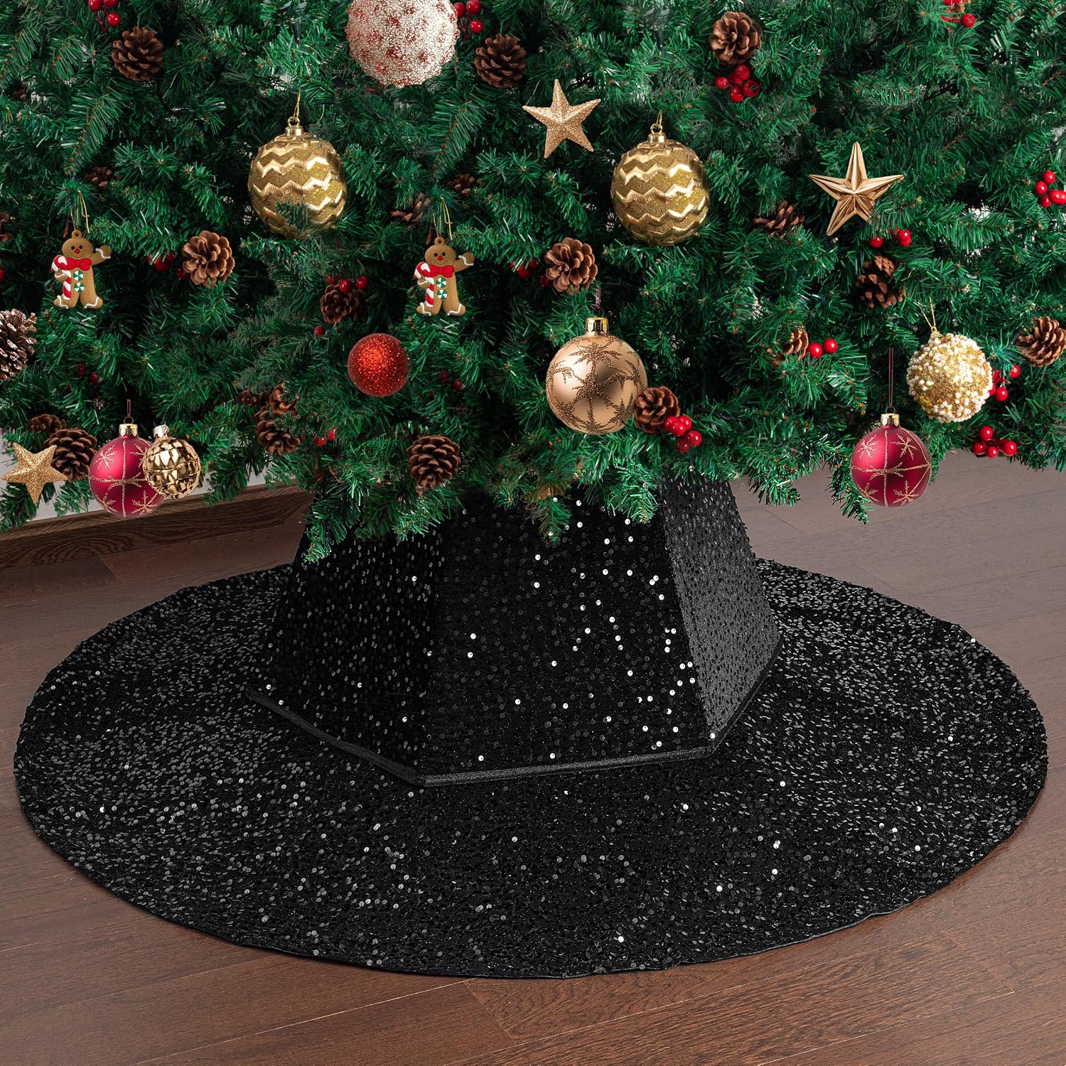 Sequin Christmas Tree Skirt and Tree Collar | 36 Inch Sparkly Base Cover, 24.8 Inch Foldable Sparkling Sequin Trees