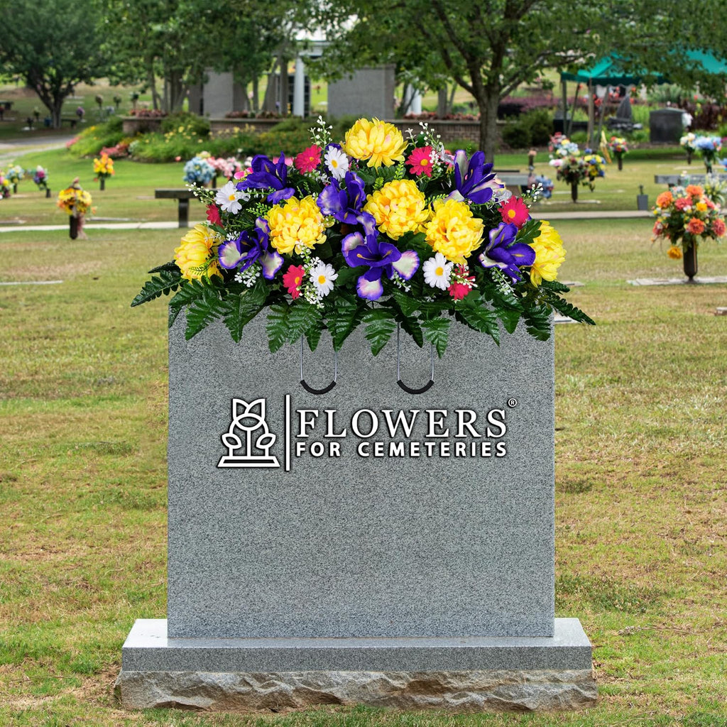30" Spring Headstone Flowers Saddle - Purple Iris, Yellow Mum, Daisies - Grave Flowers - Mother's Day Spring Flowers