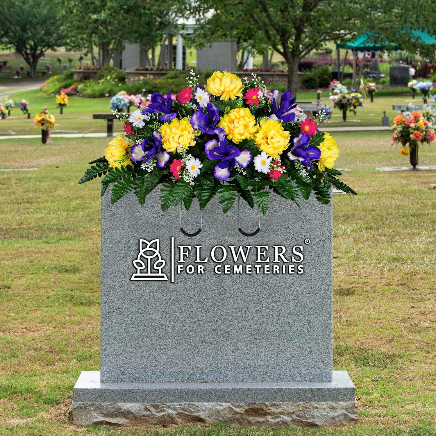 30" Spring Headstone Flowers Saddle - Purple Iris, Yellow Mum, Daisies - Grave Flowers - Mother's Day Spring Flowers