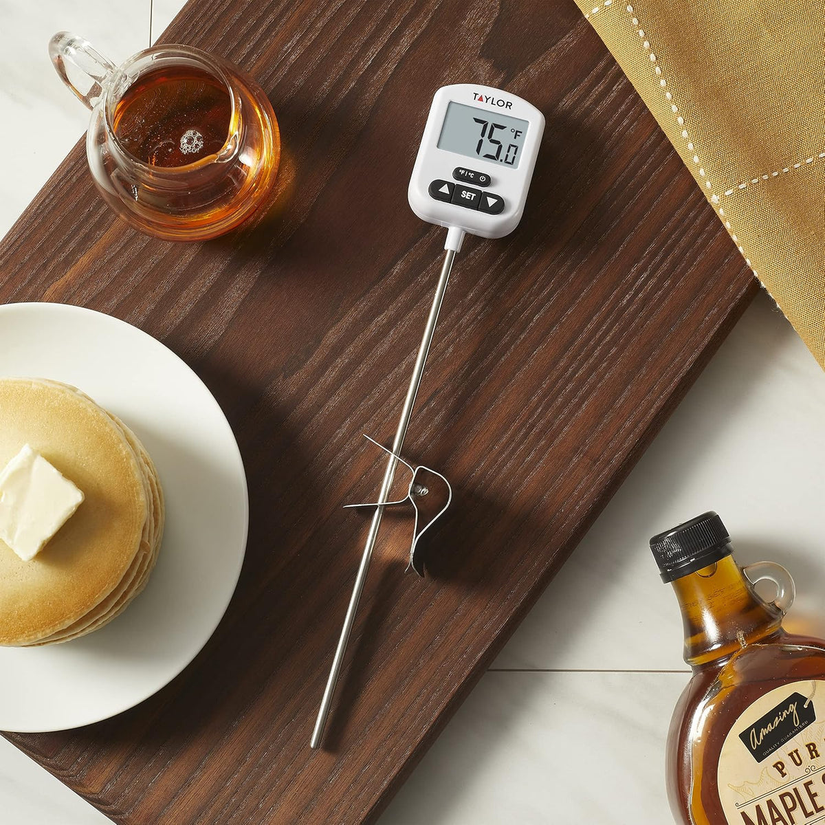 Programmable Digital Candy and Deep Fry Thermometer with Green Light Alert Display, Long Stem, and Adjustable Pan