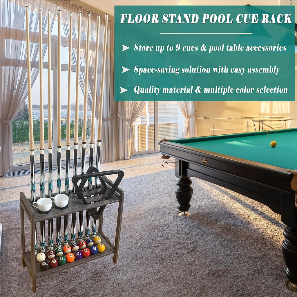 Pool Stick Holder Floor Stand Holds 9 Cues & Pool Table Accessories. Wooden 2-Tier Cue Stick Storage with Ball Rack