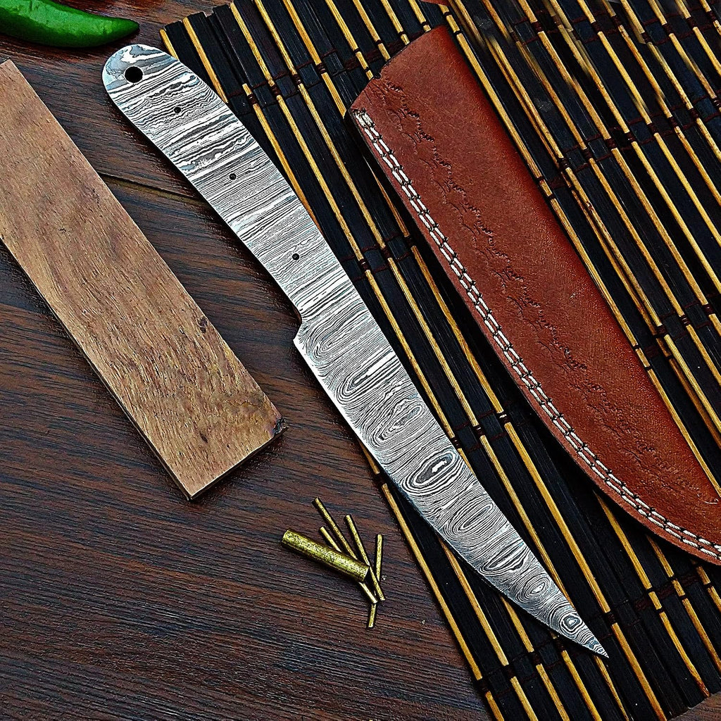 Damascus Steel Fillet Knife Making Kit – DIY Handmade Blank Blade with Rosewood Handle Scales, Brass Pins & Leather