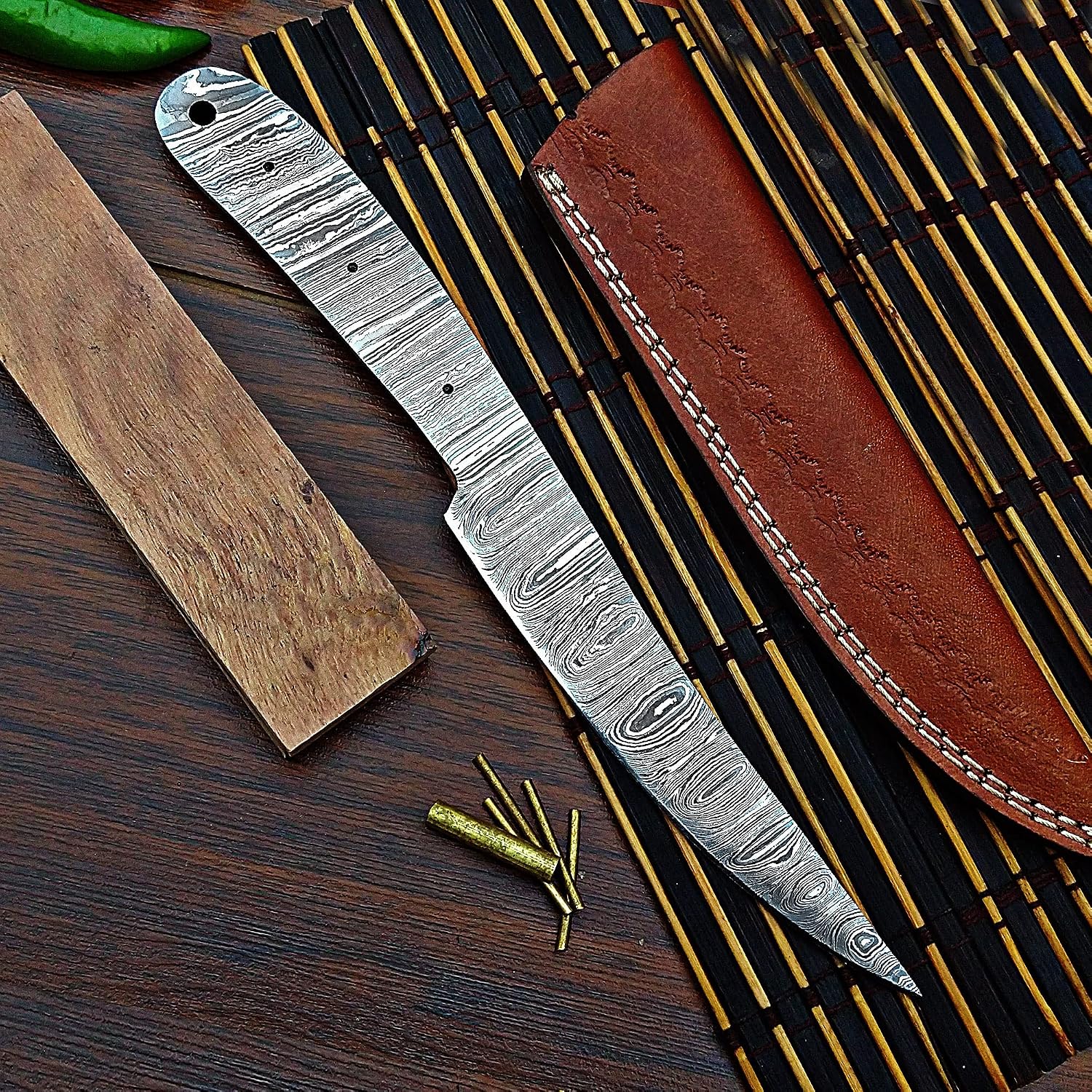 Damascus Steel Fillet Knife Making Kit – DIY Handmade Blank Blade with Rosewood Handle Scales, Brass Pins & Leather