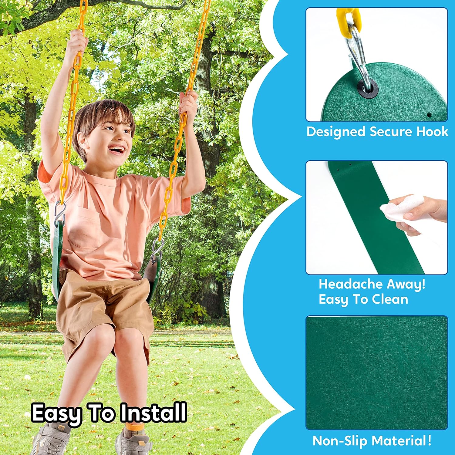 2 Pack Green Swing Seats Heavy Duty with 66" Chain, Swing Set Accessories Replacement with Snap Hooks for Kids