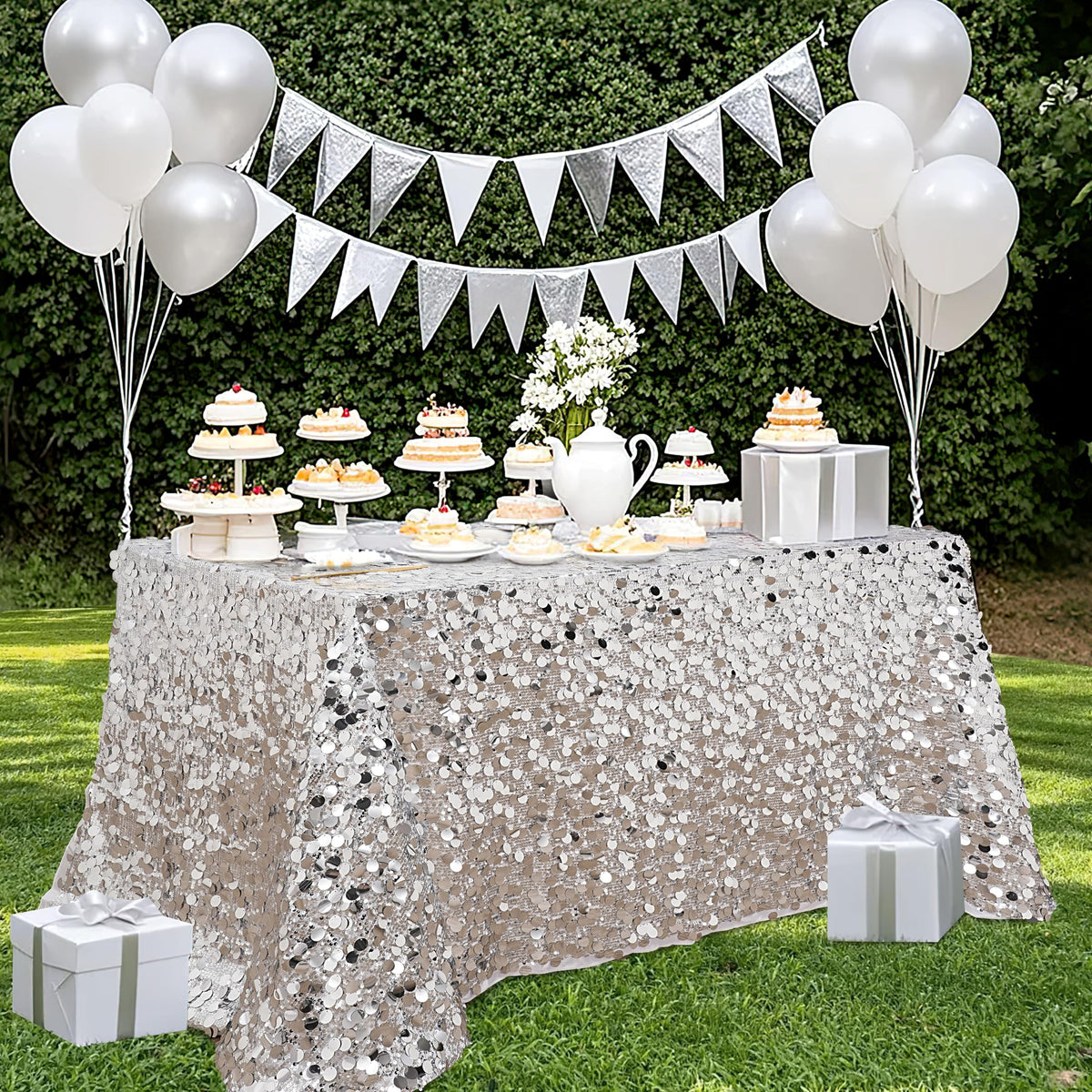 Silver Sequin Tablecloth 50x102 Inch Sparkly Rectangle Table Cloth