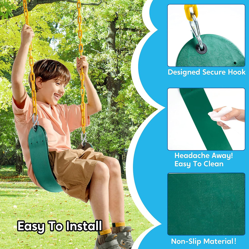 Heavy Duty Swing Seat Green Color with 66” Chain, Swing Set Accessories Replacement with Snap Hooks for Kids Outdoor