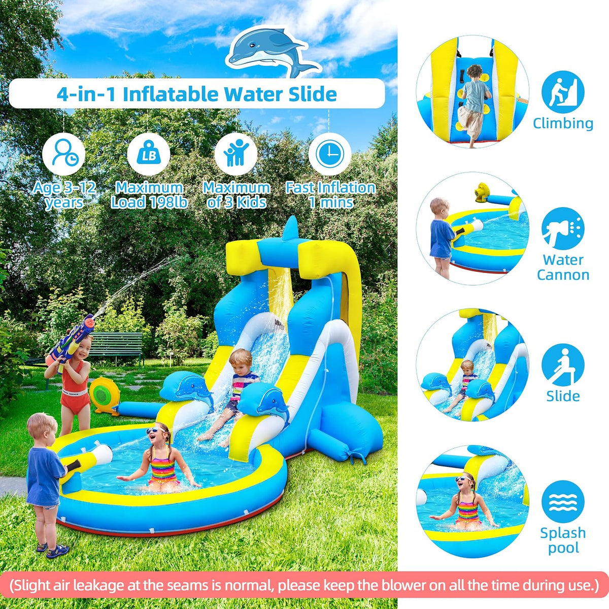 Inflatable Water Slide: 4 in 1 Bounce House Water Park Dolphin Style for Kids - Climbing Wall Splash Pool Water
