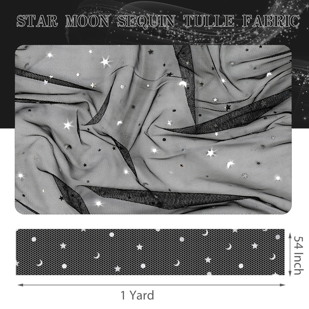 1 Yard Glitter Tulle, Star Moon Sequin, 54" Wide Black