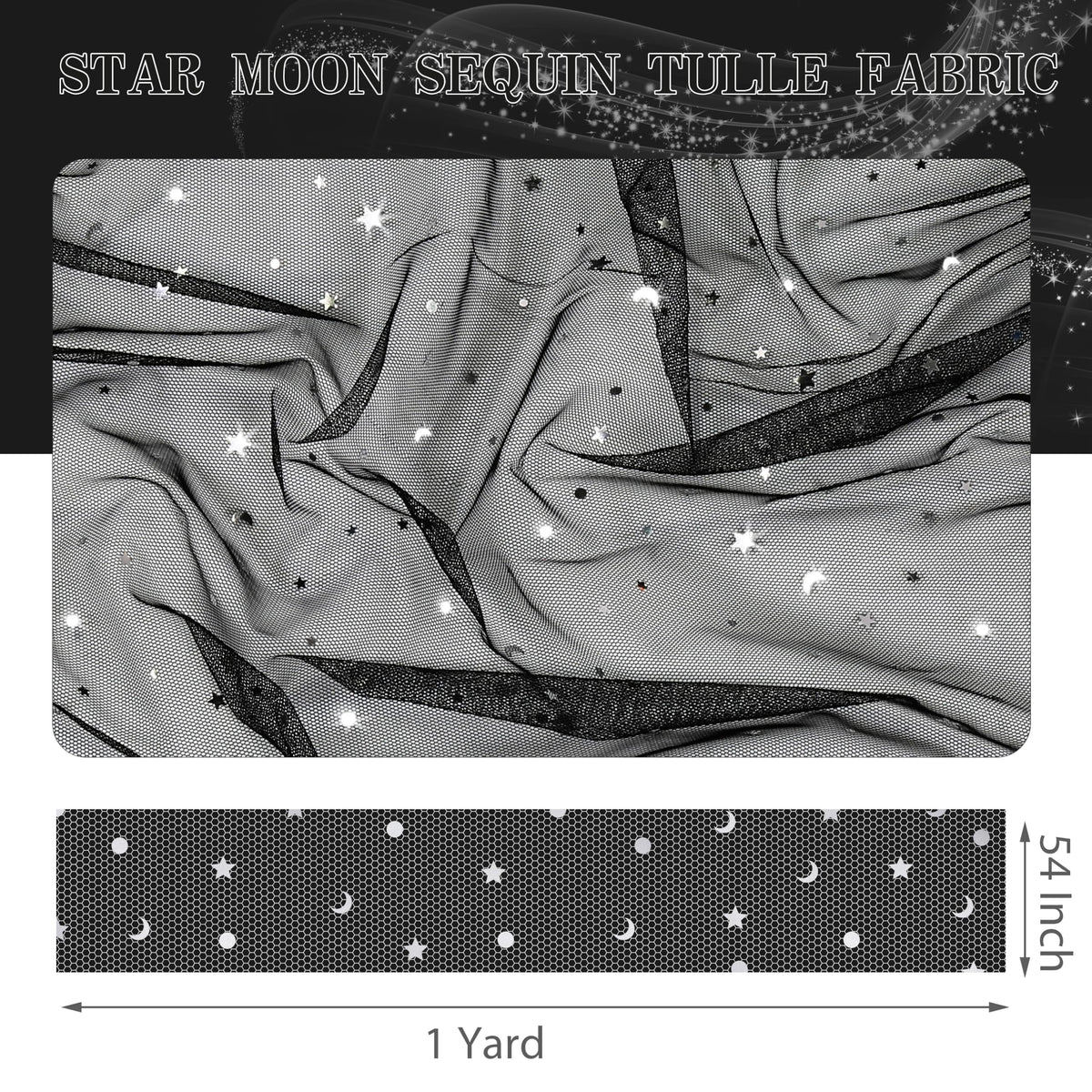 1 Yard Glitter Tulle, Star Moon Sequin, 54" Wide Black