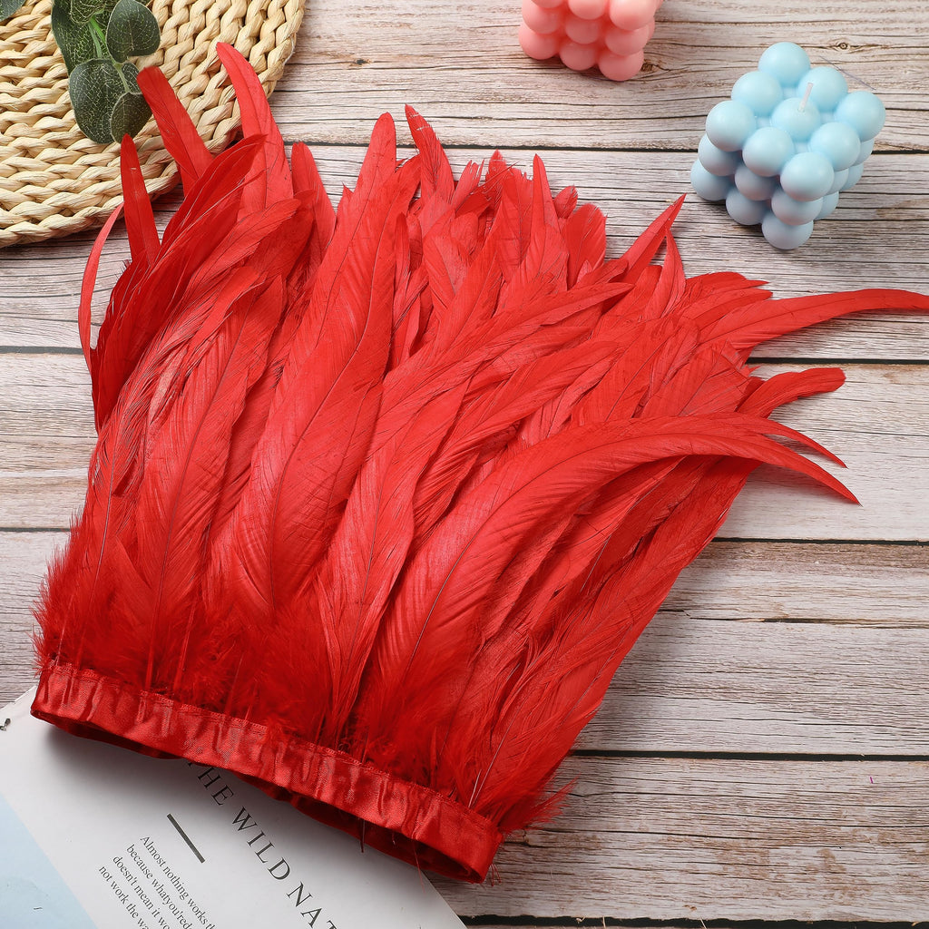 Red Rooster Feather Trim for DIY Sewing Crafts, 10-12inch 2 Yards