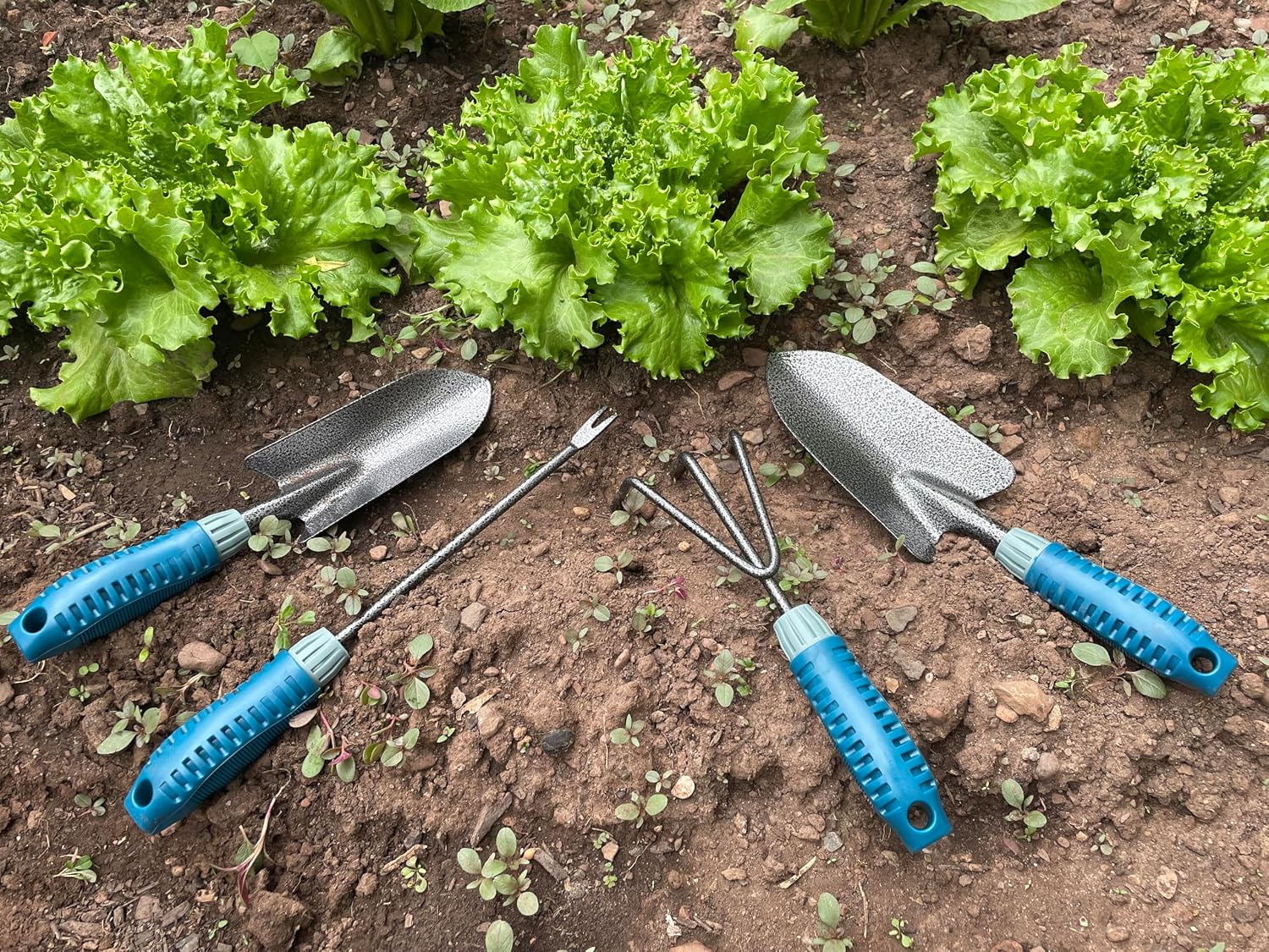 4 Piece Garden Tool Set Heavy Duty, Gardening Hand Tools Work No-Slip Grip Trowel Transplanter Weeder Hand Rake