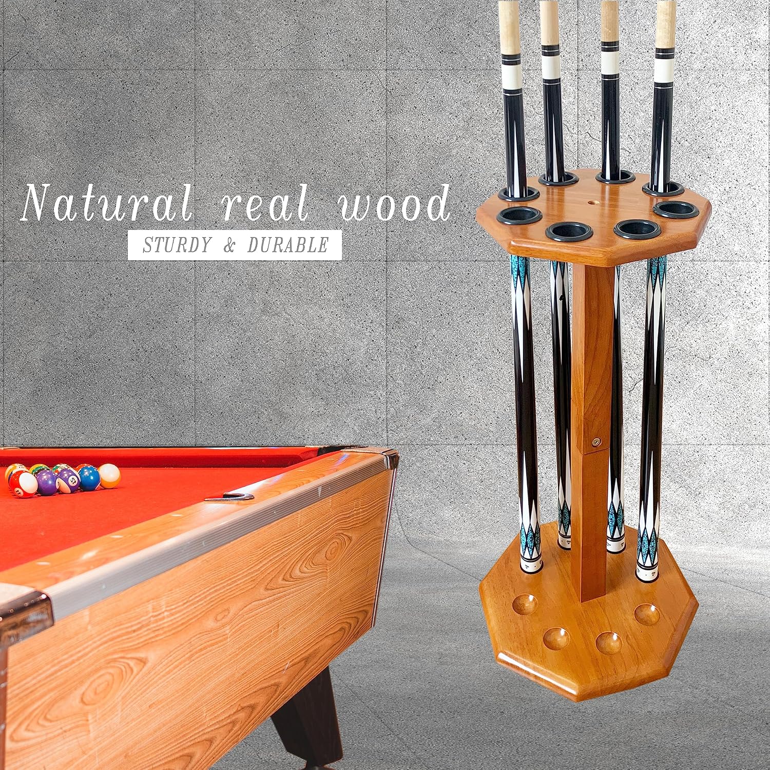 Freestanding Billiard Cue Rack, Pool Table Accessories Hold 8 Cues, Pool Cue Stick Holder, Wooden Floor Stand Pool
