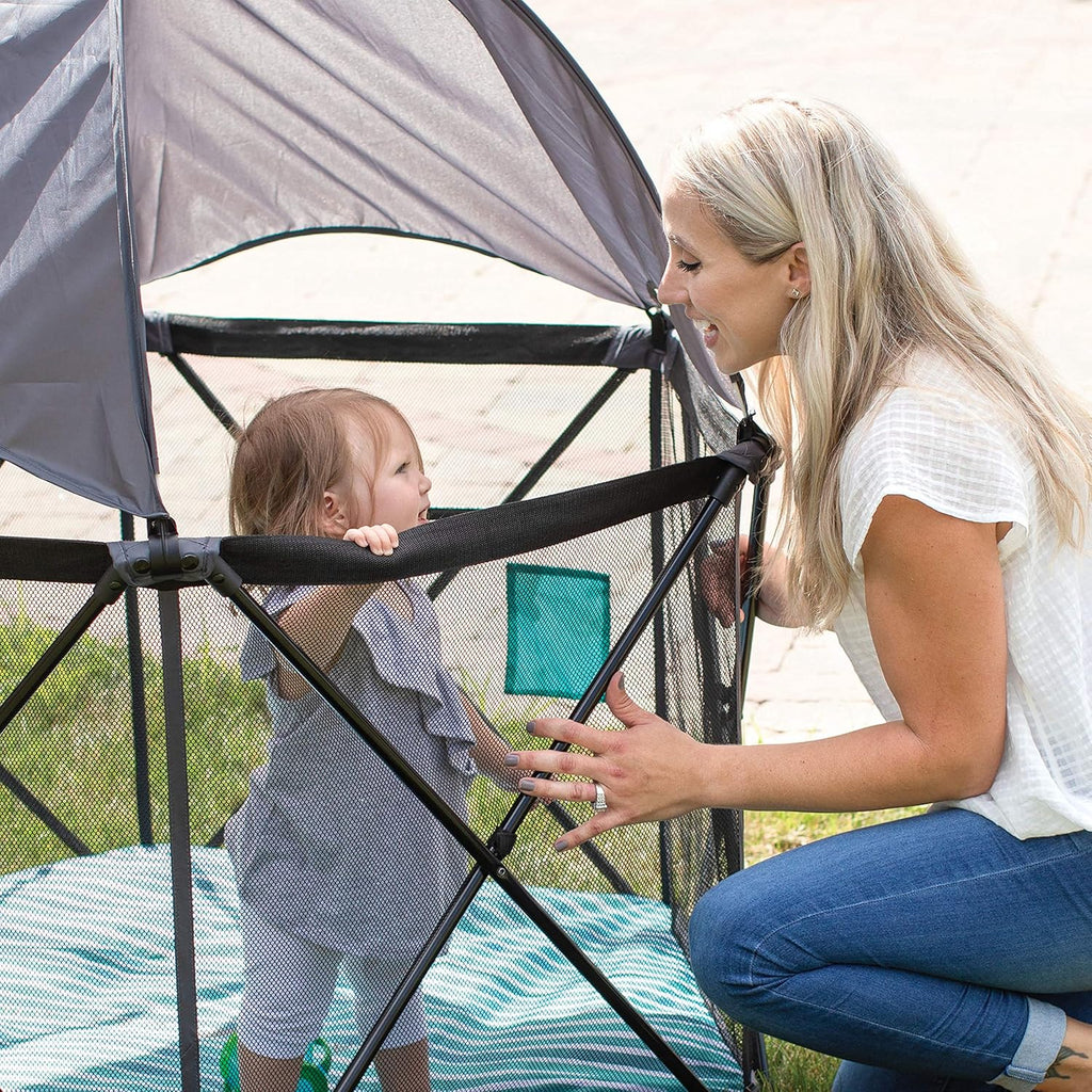 Go With Me Eclipse Mesh Portable Playard | Playpen | Sun Canopy | Indoor and Outdoor | Watercolor Stripe Base