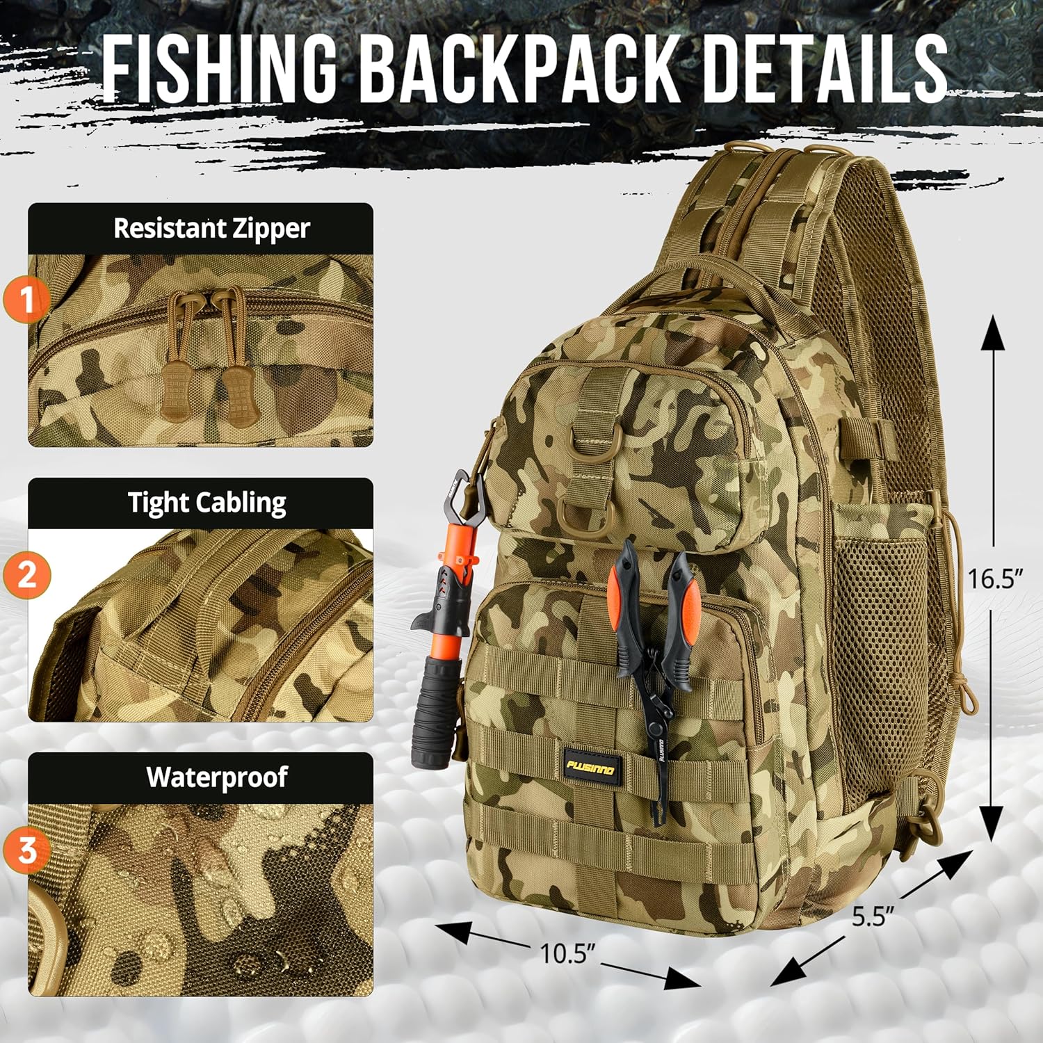 Fishing Backpack, Fishing Bag, Waterproof Sling Tackle Bag For Fishing Gear With Rod Holder, Fish Gifts for Men