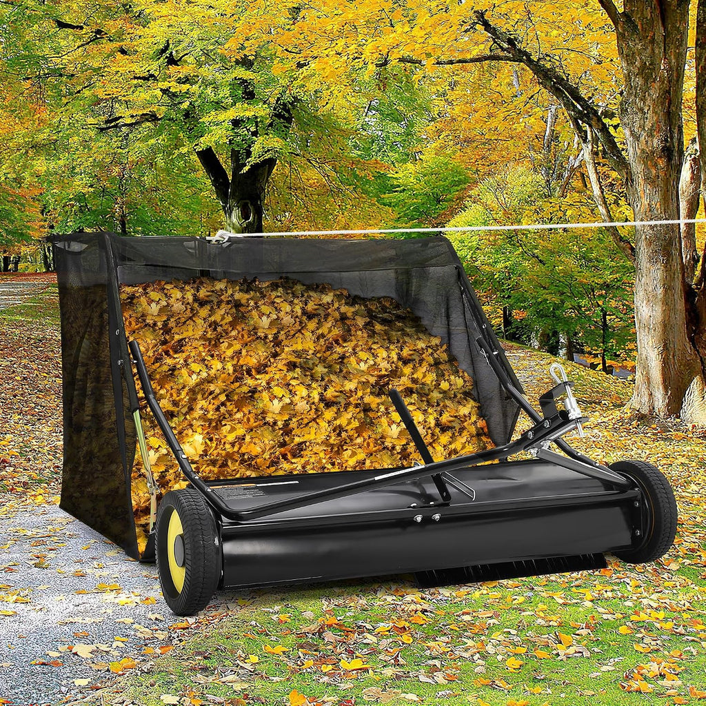 52" Heavy Duty Tow Behind Lawn Sweeper - 26 Cu.ft Hopper, Adjustable Sweeping Height, Pull Behind Yard Sweeper for