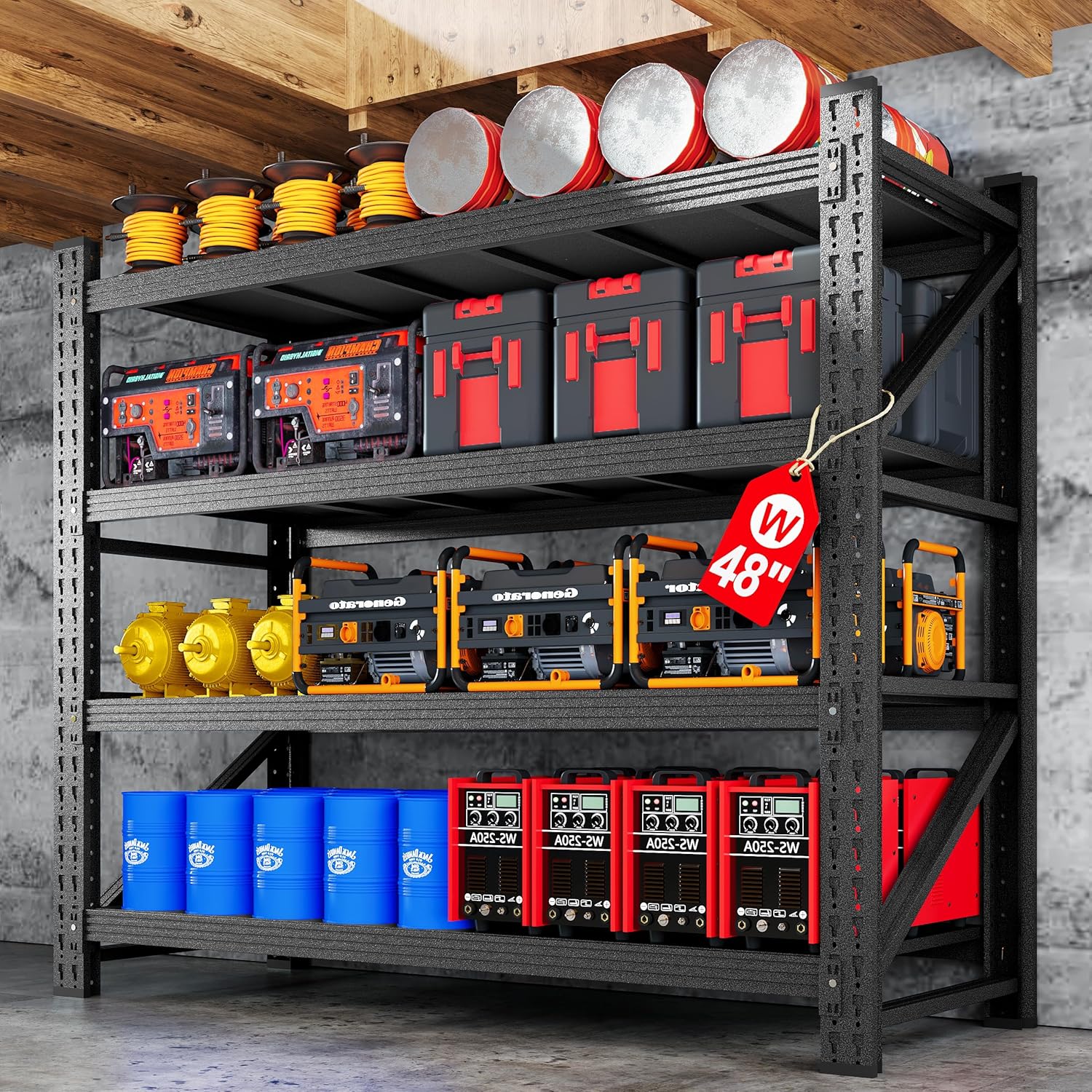 48" W Metal Storage Shelves Heavy Duty, 3000LBS Garage Shelving Units, 4 Tier Tall Metal Shelving, 24" Deep Steel