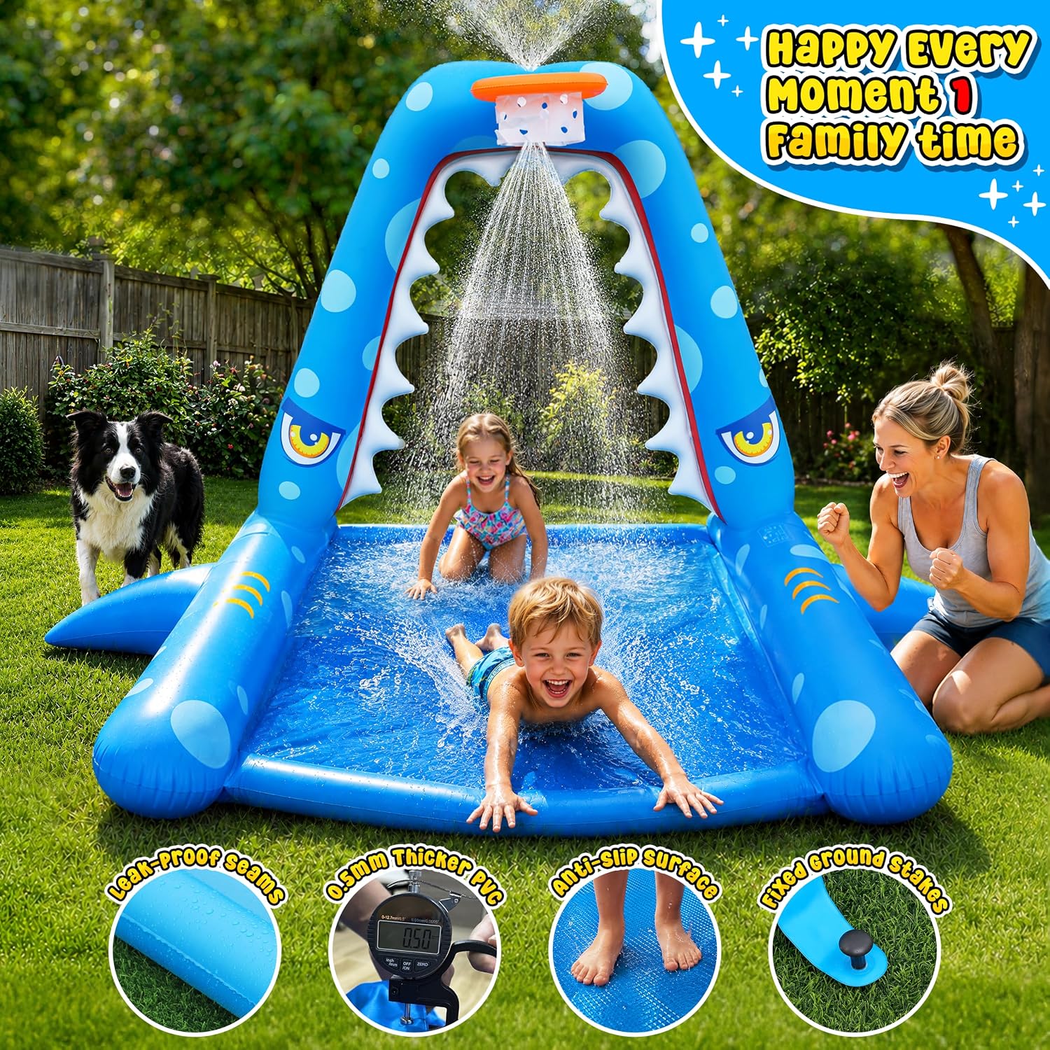 Sprinkler for Kids Outdoor Play, Giant Inflatable Shark Water Toys Splash Pad with Basketball Hoop, Fun Sprinkler