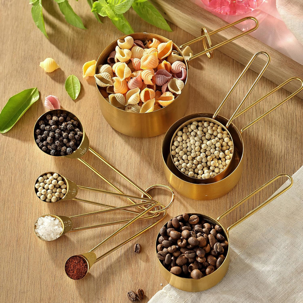 Measuring Cups and Spoons Set, Kaloo 8PCS Stainess Steel Metal Measuring Cups, Gold Finish, Ideal for Cooking and Baking