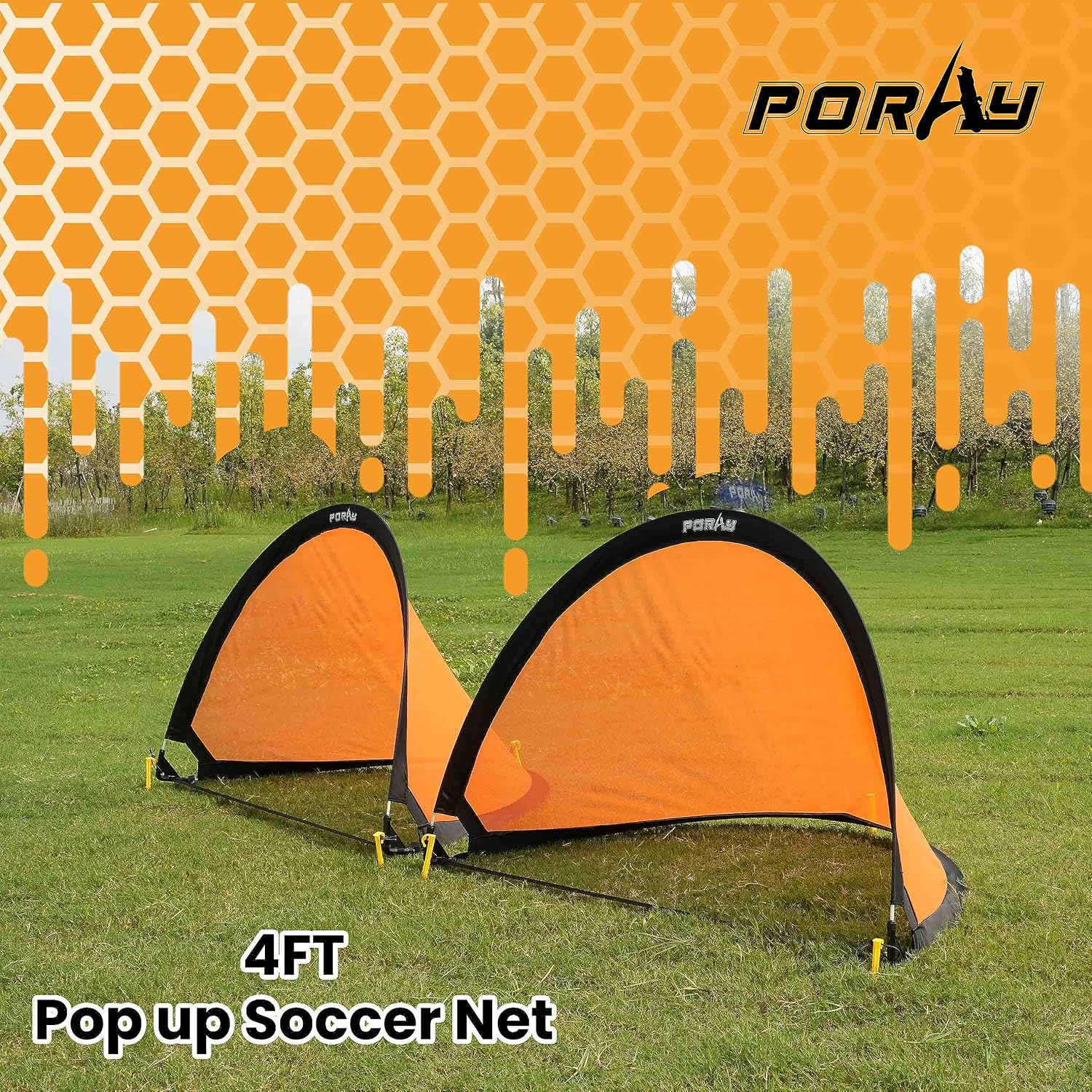 Poray Soccer Goal for Kid Easy-up Set of Two Portable Soccer Net 210D Oxford with 8 Field Marker Cones Extra Stakes