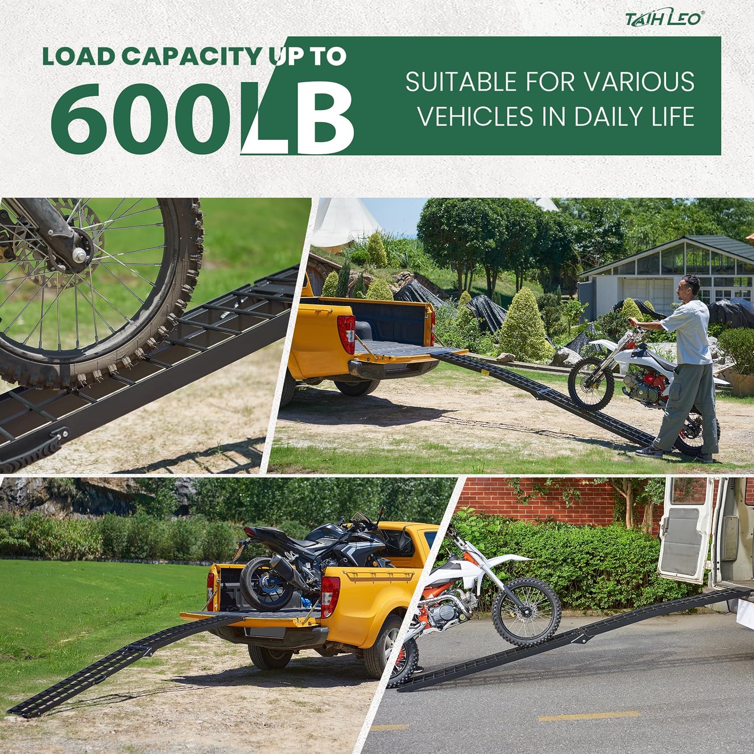 10ft Motorcycle Ramp - 600lb Capacity - Portable Loading Ramp for Motorcycles, Dirt Bikes, Bicycles - 120"x11.6"
