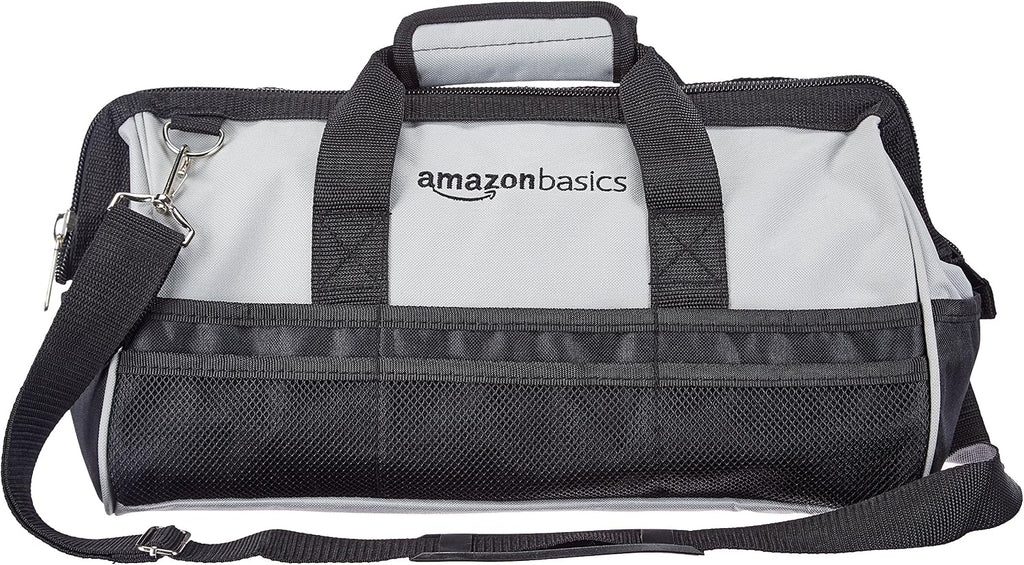 Durable Wear-Resistant Tool Storage Bag with Adjustable Shoulder Strap, Portable Tool Organizer, 16 in, Black & Grey