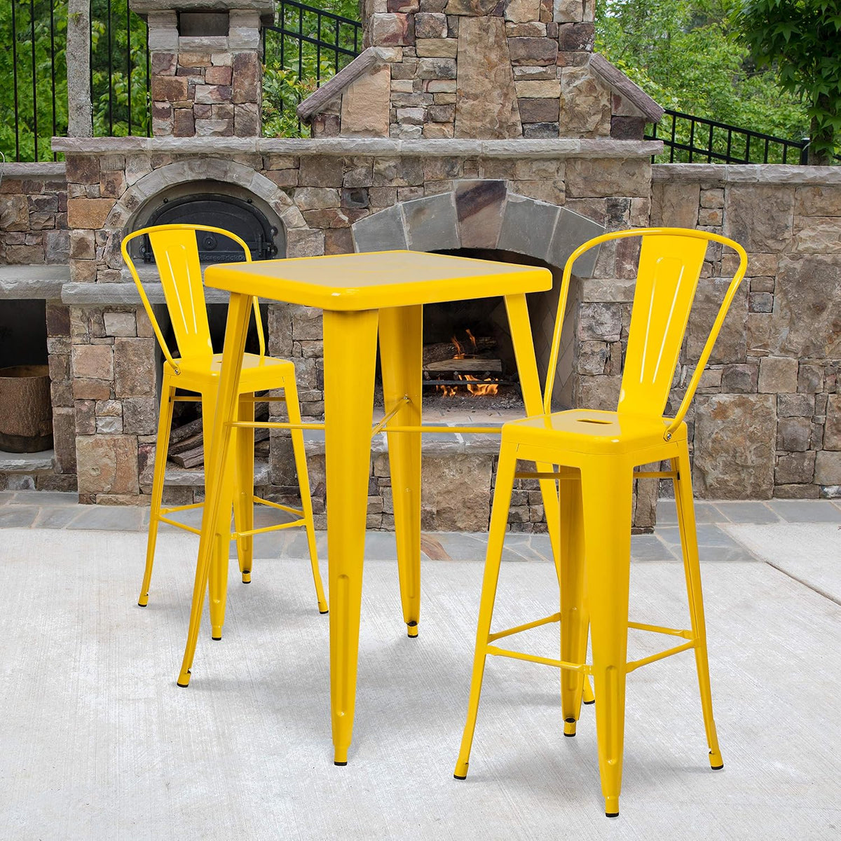 30" Yellow Metal Indoor/Outdoor Barstool with Back, 4-Pack