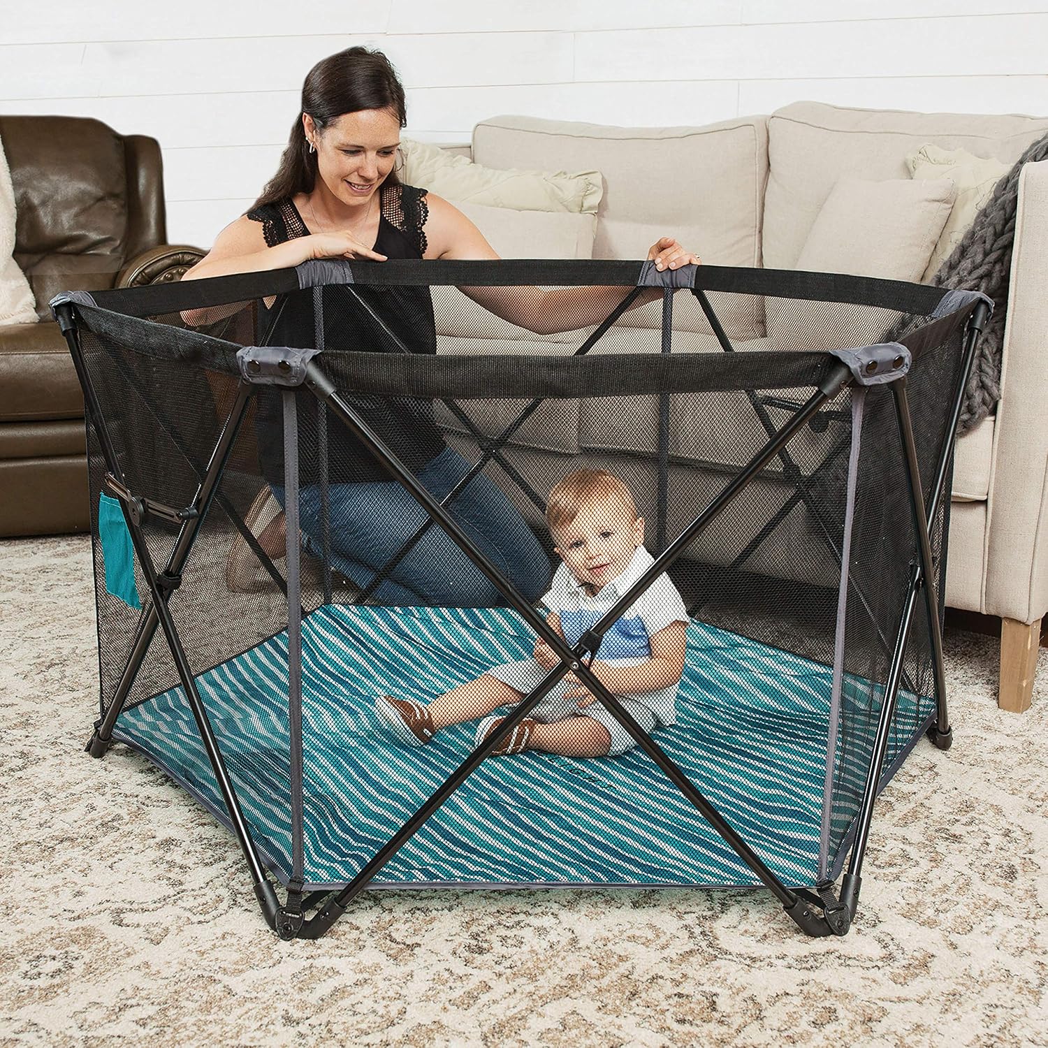 Go With Me Eclipse Mesh Portable Playard | Playpen | Sun Canopy | Indoor and Outdoor | Watercolor Stripe Base